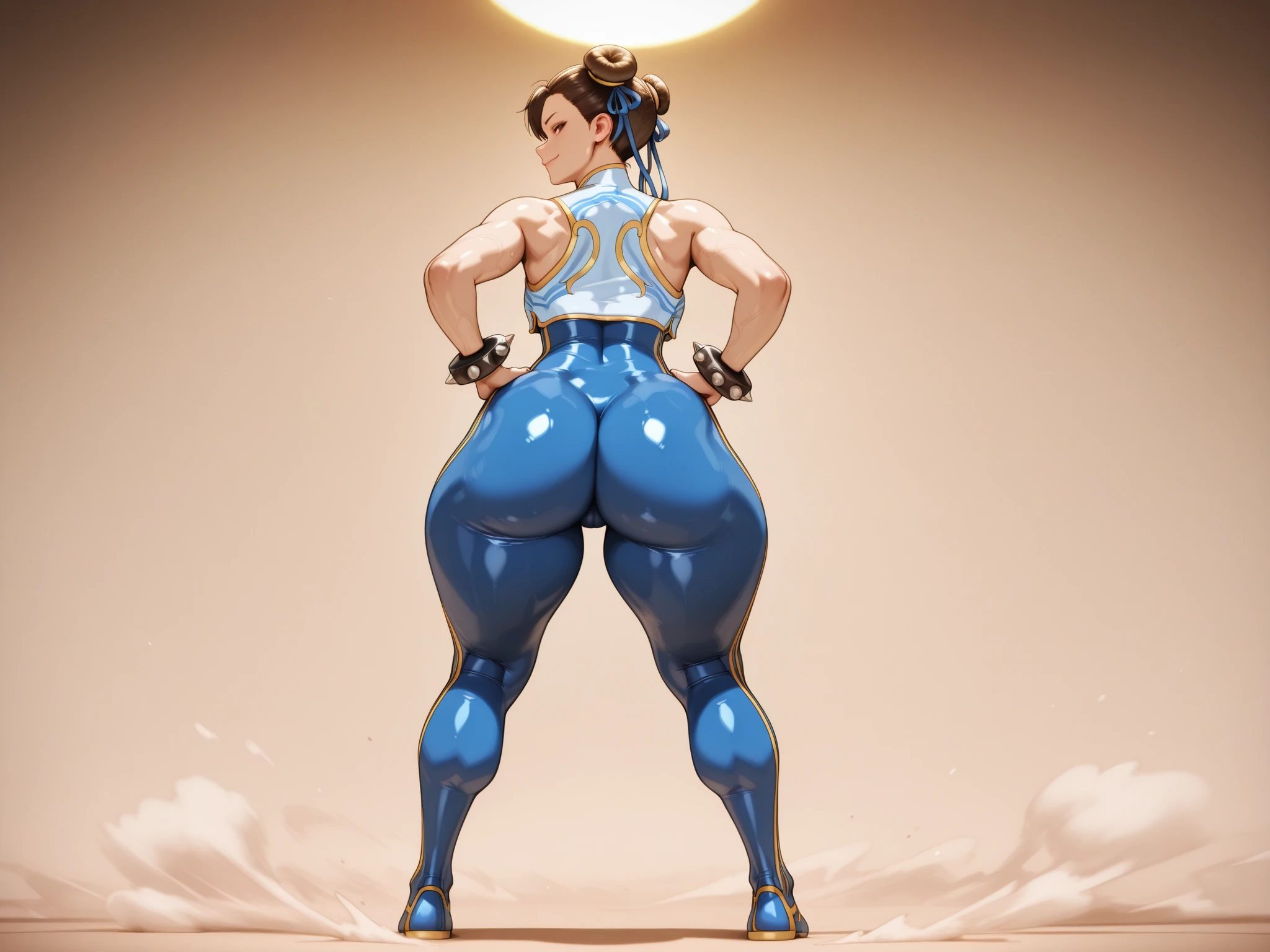 (high resolution, pixel perfect, gorgeous illustrations), (hyper quality, muste piece, etheric: 1.4), (1girl), (((stand,open_legs))), (((((hand_on_own_ass))))), (((from behind))), (((looking_back))), ((((ass_focus)))), ((tattoo)), ((mature woman)), cool atmosphere, (((see_through))),
 yellow eyes, ((((evil smile)))), (((blush))), (((((((muscular))))))), ((thick thighs)), (((wide hips))), ((Big breasts that are about to burst)), fighter, (((woman))), (((china armor))), ((leotard)), (kneehighs), ass, lewd woman, (shiny skin),