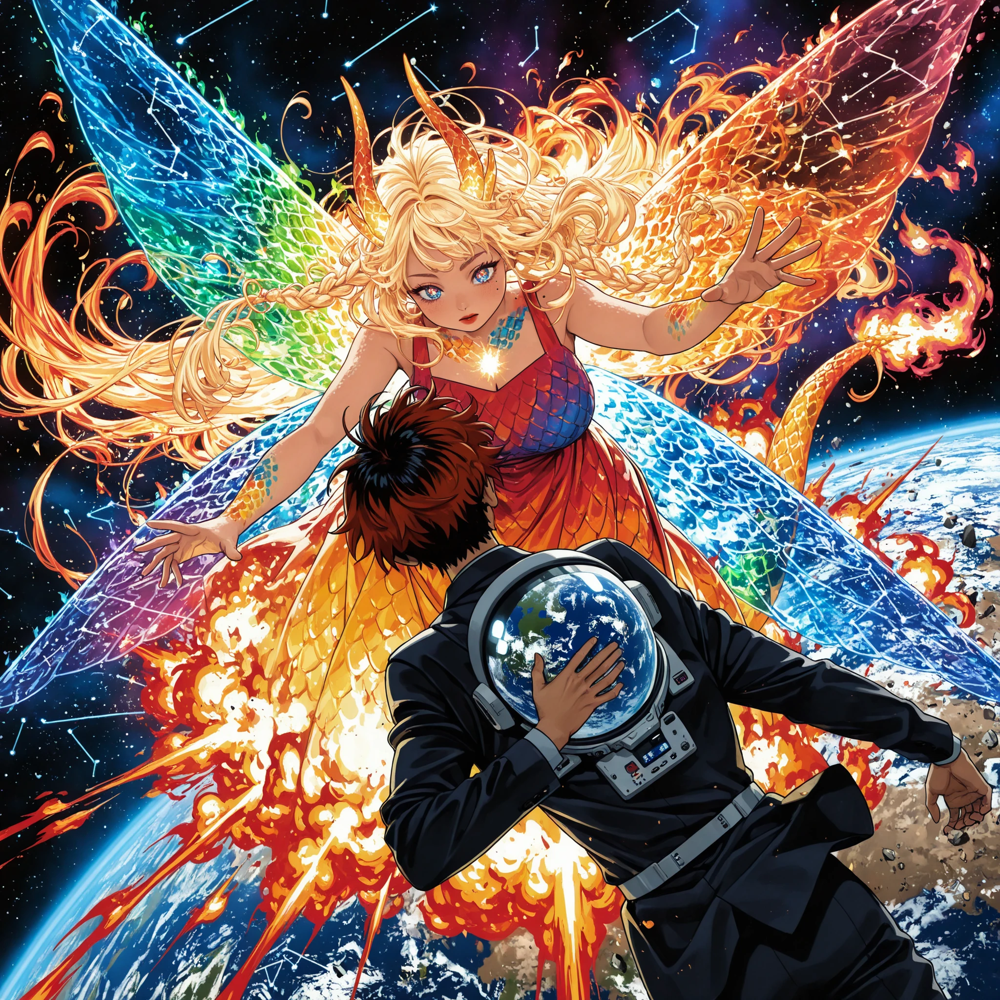 stock art, manga, 1boy, pretty girl, male, female, anthropoid, line art, spikey hair, blonde hair, blue eyes, dark hair, braided hair, brown eye, big cute eyes, red lips, pale red, chubby cheeks, skin tone, blushes. mole (spots), chibi, masterpiece, best quality, newest, dynamic angle, motion blur, looking to the side, ((reaching out hand, reaching for each other)), ((holding hands, looking at each other)), 1girl, 1boy, character: yell, speedlines, motion blur, ((fire splash effect, swirling fire, colorful fire)), colorful eyes, floating, looking at another, glowing eyes, ((scaled, colorful scales, glimmering scales, glowing scales)), messy hair, colorful hair, stark hair, glowing hair, very long hair, long hair, colorful dress with constellation trimmings, modest dress, sleeveless, colorful dragon scales, lonely, floating in space, ((translucent wings, constellation wings, translucent tail, constellation tail, constellation horns, colorful aura, fire splash effect, colorful fire)), character: astronaut, space helmet, spacesuit, looking at another, floating, ((space, earth below, asteroids)), ((space station in background, explosion, debris)), dynamic illustration, dramatic lighting, speed lines, colorful splash effect,