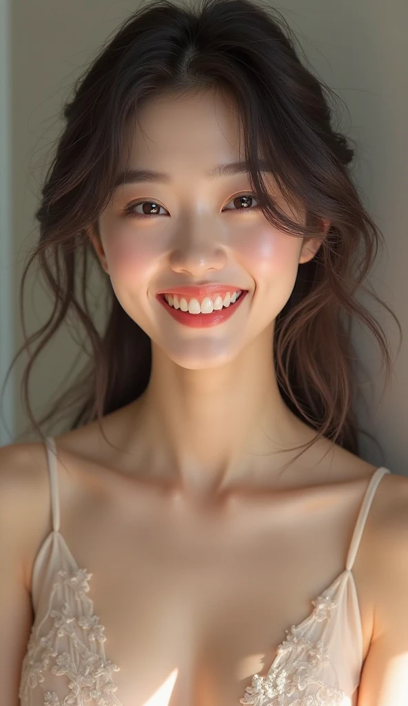 hight resolution, a picture、((top-quality、8K、masterpiece:1.45))、1girl in、Beautiful woman with accentuated slim abs:1.3、(Casual Hairstyles、Colossal tits:1.2)、夏天、Mare、Super Detail Face、Delicat eyes、二重まぶた、Soft breasts:1.2、A smile、Exposed cleavage、hight resolution, a picture