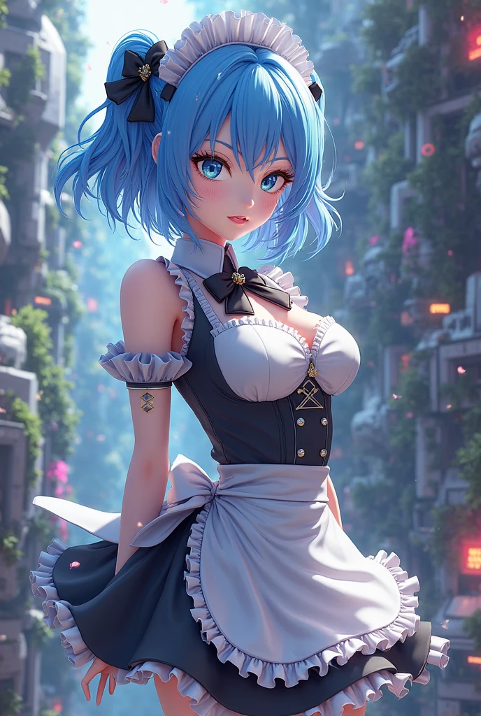 (highest quality, High resolution:1.2), (girl standing and looking at me),(nsfw)、Flipping up a skirt to show underwear、Maid clothes、lolita costume、 detailed and beautiful eyes, blue hair、short hair、rezero rem、Rem dense and beautiful lips, highly detailed eyes and face, long eyelashes, Moderate:oil, Bright colors, HDR, studio lighting, Ultra-fine painting, sharp focus, Physically based rendering, extreme details, portrait, curved body, Moderate胸, perfect shape, Face-to-face audience, sweaty, nice, Half-body photo, displayed in full frame, lace sexy underwear,babydoll、exposed bare shoulders, outside, ancient city、wet clothes