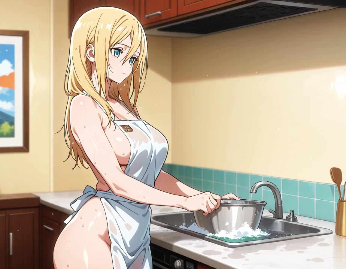 1girl, nsfw, houjousatoko, short hair, blonde hair, purple eyes ,hairband, , empty eyes , large breasts, nipple, Standing pee,, Abandoned Hospital　frozen, wet, crying ,, Naked, solo , (1girl) , Peeing, lactation, projectile lactation