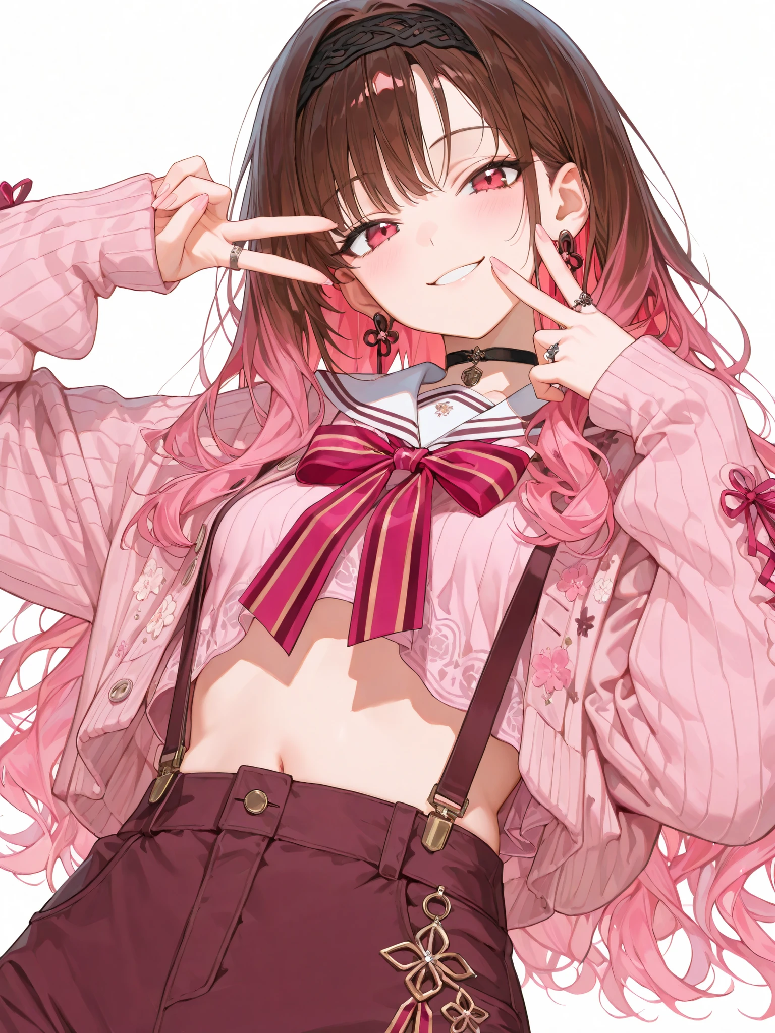 1girl, :d, backpack, bangs, black_jacket, black_shirt, blunt_bangs, breasts, brown_hair, collarbone, collared_shirt, eyebrows_visible_through_hair, face, grey_background, hair_ornament, hairclip, hand_up, hood, hooded_jacket, hoodie, jacket, large_breasts, light_brown_hair, long_sleeves, looking_at_viewer, medium_hair, nanami_chiaki, open_mouth, pink_eyes, pink_footwear, pink_ribbon, pleated_skirt, ribbon, shiny_hair, shirt, shirt_tucked_in, short_hair, simple_background, skirt, smile, teeth, thighhighs, upper_body, upper_teeth, white_background, white_shirt <lora:style_mochikei:1>