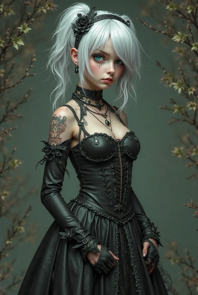 a pale lady/grey and greenish eyes/enigmatic expression/olive color backgrounddark cloths/a design of an owl it/her dress/ tiger tatoo in her left arm/dark diamond locket/silver ear rings/short hair/damien expression/ long boots//তার ডান হাতে অনেক অলংকার/খোলা প্রান্তর মরুভূমির মতো/তার মুখের রহস্যময় হাসি/তার চুলও রুপার রুপালি অলংকার/তার গলাতে অনেকগুলো হীরার নিলে অলংকার আসে/ তার মাজা থেকে নিচের দিকে রূপালী ব্রেসলেট এর মতন আছে
