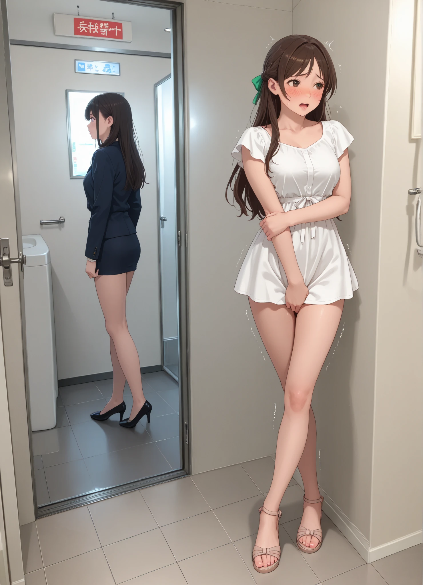 korean man, feminine, cross-dressing, middle breasts, bra wearing, 19 years old, unbuttoned business clothes, women's panties, long hair, beautiful shiny skin, high heels, nsfw, nude, feminine body, feminine face