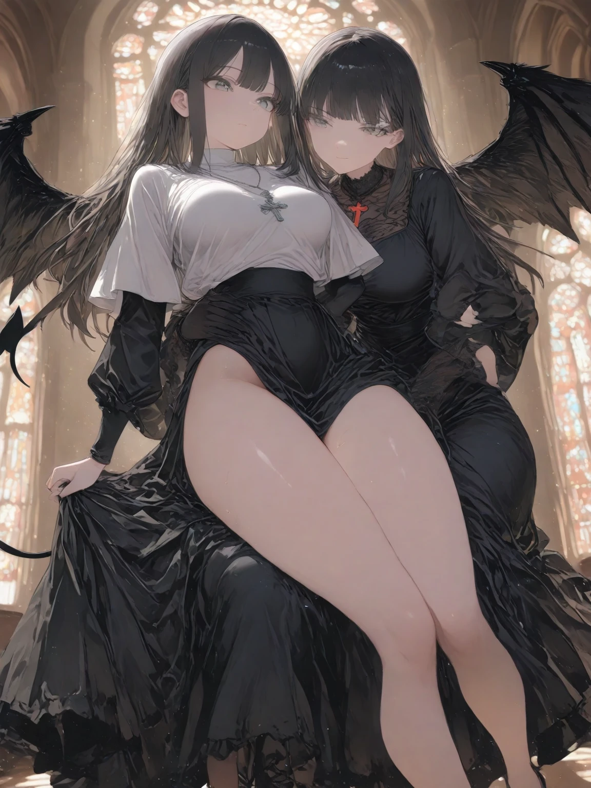 Dynamic shot, dynamic angle(multiple characters), ((3 females)), A picture of 2 beautiful succubus dominating sexy nun on a leash, in sexy nuns crowd, ((2 demon females long hair and a nun short hair)), (nun, squatting, legs spread, chain tied, chained , exposed, scared, obedient, insecure, burning halo, demon wings, wings spread, demon tail), (2 beautiful female demons around, dominating, standing above, holding halo, power pose, fingering, hand in panties), demons, beautiful succubuses, horror, dark, sexy, rough domination, domination, bdsm, golden chains,(golden leash), collar, beautiful bodies, slim, highly detailed faces, horns, horny, scared, stockings, (white silk lingerie underwear, white stockings, white gloves), leather tight boots, looking up, closeup, blue light, blue tones, highres, sharp focus,(ultra detailed,extremely detailed),(photorealistic artwork:1.37),(extremely detailed CG unity 8k wallpaper),(intricate),(masterpiece),(best quality),(intricate background),photo realistic,analog style,((intricate detail)),(((realism))),