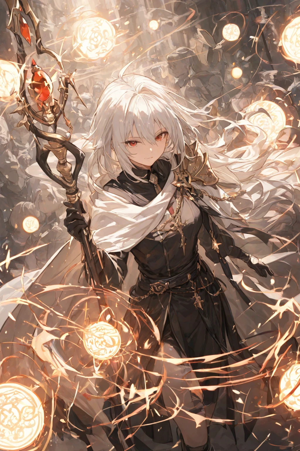 (best quality, masterpiece), (1girl, solo,brown robe, expression face, looking away, sitting, wide sleeves, black eyes, closed mouth, long hair, upper body), (night sky at cave entrance , light rising from the bottom, inside Cave, floating glowing bunch of yellow particles, burning fire at hand, floating many small fires),