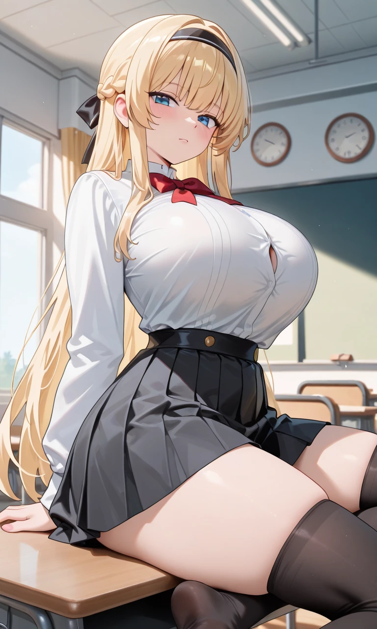 (masterpiece), best quality, Detailed, Ultra-Detailed, Digital Art, Detailed Face, HD, (Hyper-Detailed Eyes:1.2), (Absurdres:1.3), (Realism:1.25), (Realisitc:1.2); [expressive eyes, /(bakadere face)/, perfect face, gyaru, massive breasts, very curvy, blond hair, brown eyes, full lips], at home; /((clothes details))/, (casual white shirt: 1.3), (casual red skirt: 1.2), cleavage, at home, massive breasts, wide hips, /(shiny skin)/, 1 female, sitting down, sexy, facing the viewer, //((bakadere: 1.4))//