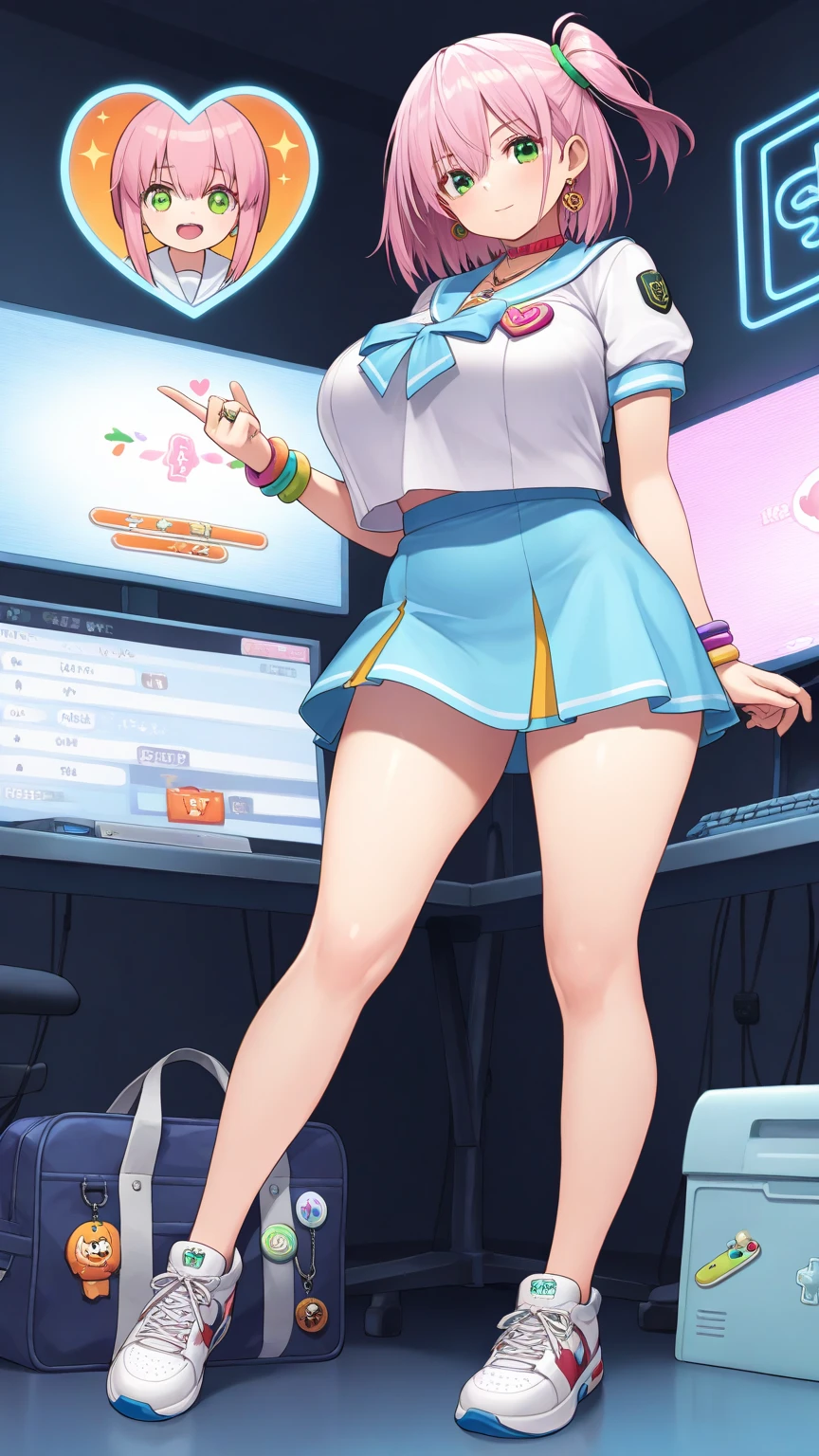 Erotic Anime Illustration、High resolution、Plump high school girl playing at the game center、black skin、gray hair、beautiful eyes、lovelive、Kagamine rin、ecstatic expression、Modified sailor suit、Overwhelming huge breasts that go beyond common sense、thick legs with fat、perfect proportions、cowboy shot