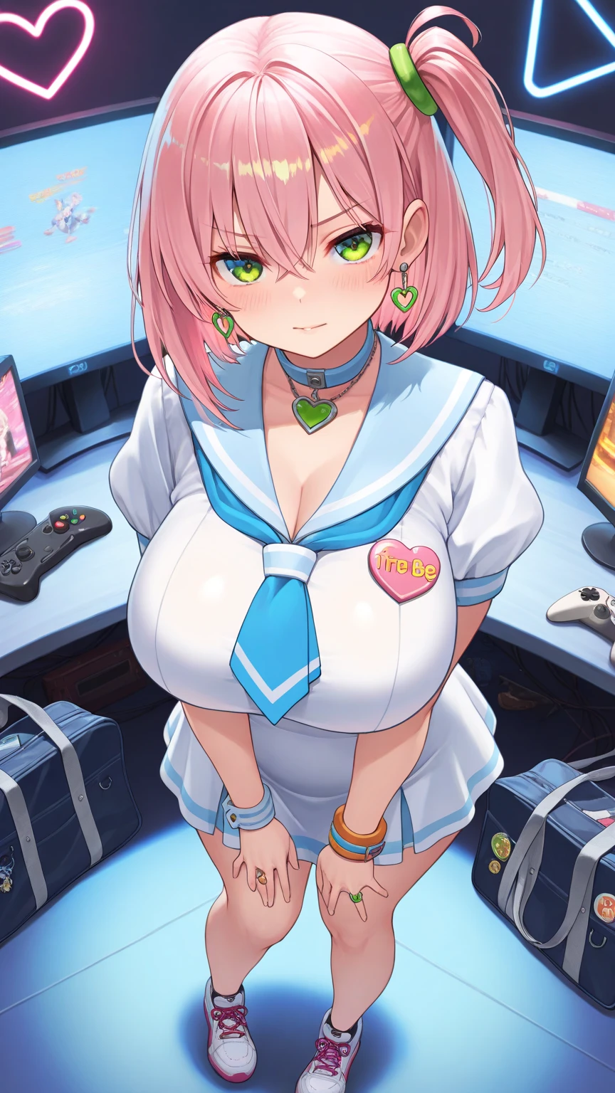 (Perfect body),Best Quality,16 K、masuter piece、(Blue and white dress)、sleeve less、(a miniskirt)、White panty、(((blush)))、:D、I have my mouth wide open、Surprised、Wavy mouth、Tsuriformes、((((asymmetrical bangs))))、Forehead、(short-hair)、(((bob cuts)))、(Pink eyes),((Pink hair)),(Sweat)、((Yellow tie))、(blue hairband)、(Big ass)、huge-breasted、(((thick thighs)))、spreading legs、Light blue striped panties、From below、Armpits、(Inside the spaceship)、