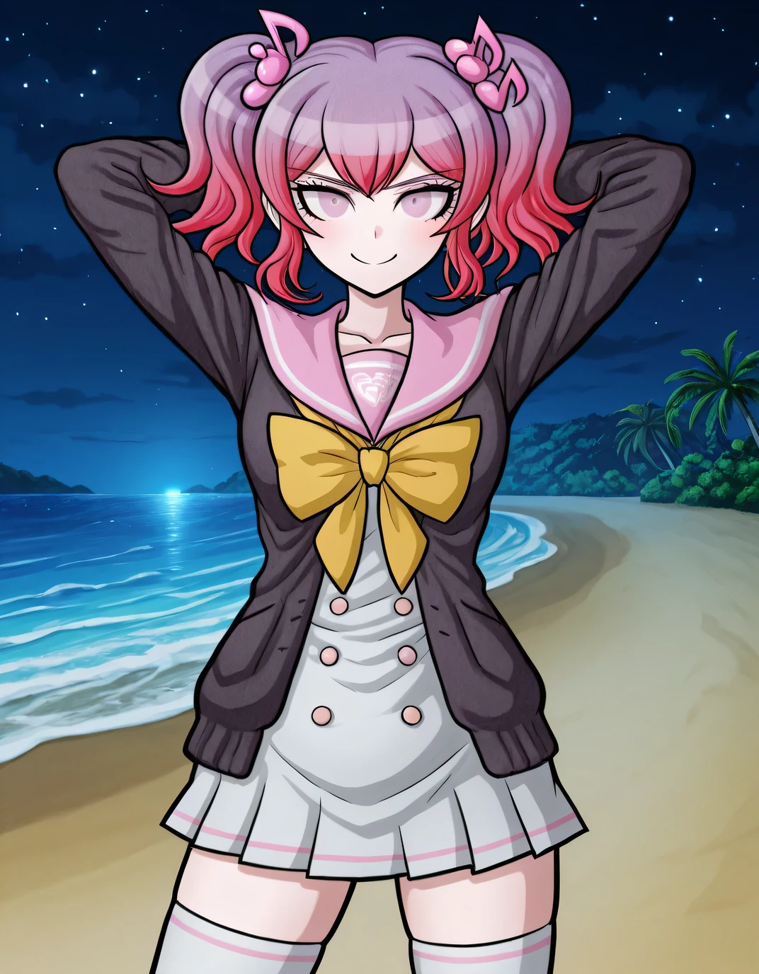 Hibiki Otonokoji, Rui Komatsuzaki art style, danganronpa art style, gradient hair, purple hair, pink hair, bangs, pigtails, hair ornament, music note hair ornament, pink eyes, cardigan, open cardigan, black cardigan, sailor collar, pink sailor collar, dress, white dress, ribbon tie, yellow ribbon tie, thighhighs, high quality, solo, cowboy shot, ((contrapposto)), arms behind head, closed mouth, night sky, beach, looking at viewer, smile, best quality