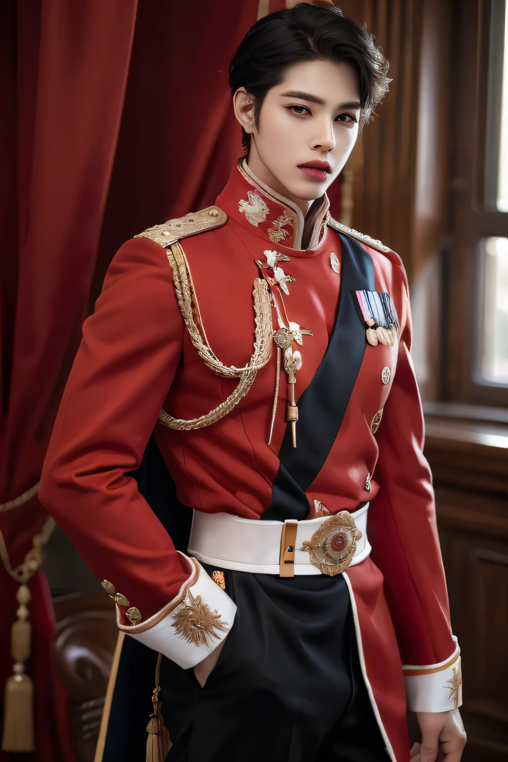 ((highest quality, 8K, masterpiece: 1.3)), ((photorealistic)), Handsome boy in k pop model outfit, ((25-year-old man)), well-groomed face, black hair color, thin face, (white skin:1.5), black eyes, Super handsome, sexy eyes, Extra-fine face, handsome nose, small eyes and face, High resolution, detailed mouth, super slim, ((super popular k pop model)), His military black uniform is tailored to perfection and detailed with fine gold embroidery. he's standing in a fancy ballroom with one hand in the pocket. ((military)), (((black military uniform))), medium wide shot showing his legs