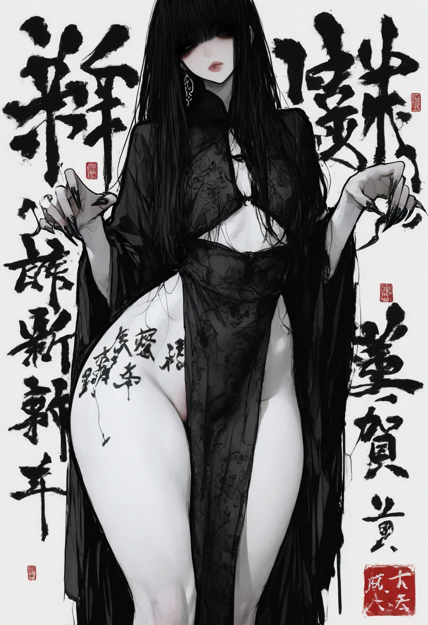 1 girl,Sexy slut,pelvic curtain,without panties,long black pointed nails,face,malice,Chinese letters all over the body,wide hips