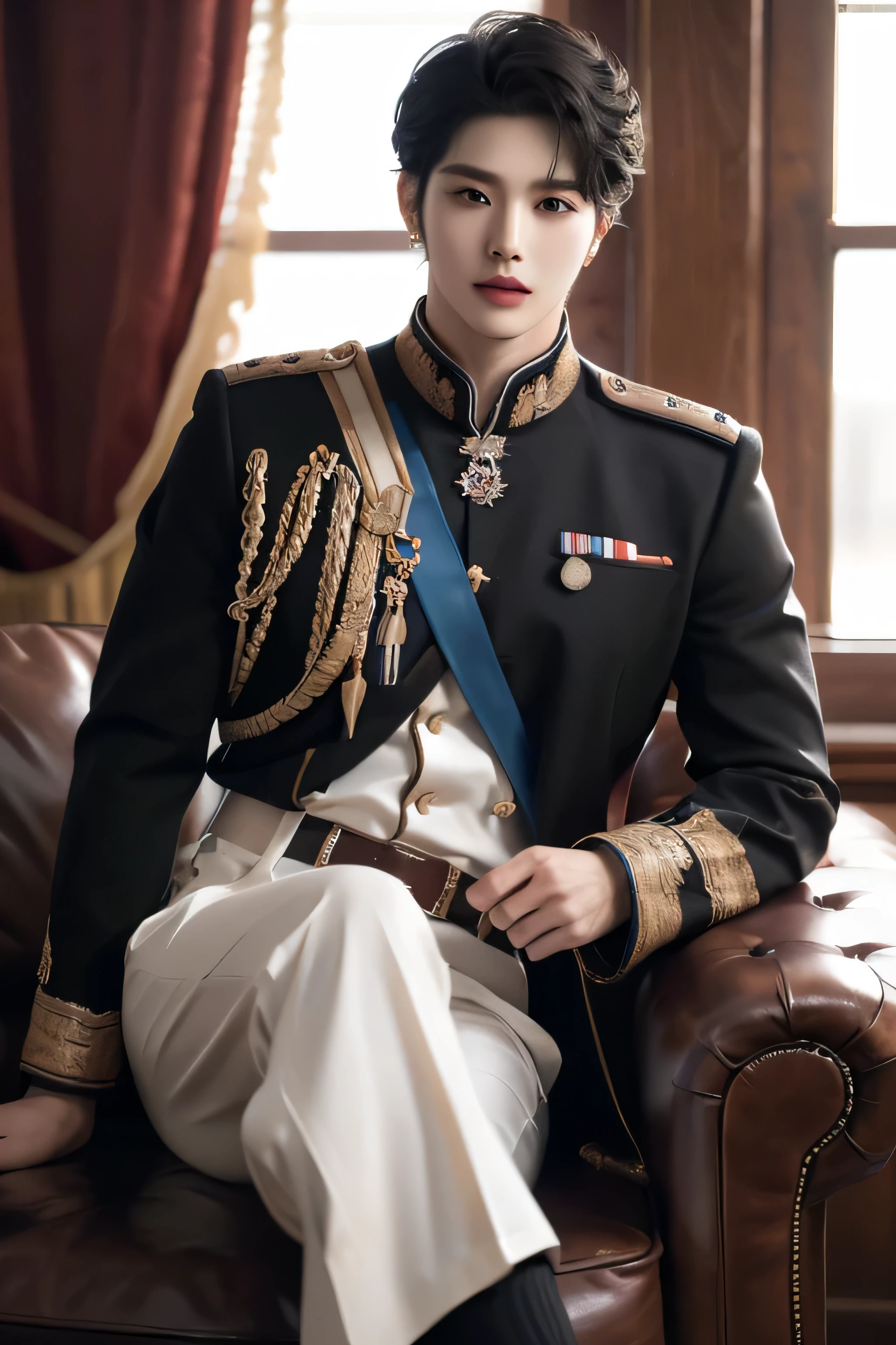 ((highest quality, 8K, masterpiece: 1.3)), ((photorealistic)), Handsome boy in k pop model outfit, ((25-year-old man)), well-groomed face, black hair color, thin face, (white skin:1.5), black eyes, Super handsome, sexy eyes, Extra-fine face, handsome nose, small eyes and face, High resolution, detailed mouth, super slim, ((super popular k pop model)), His military black uniform is tailored to perfection and detailed with fine gold embroidery. he's standing in a fancy ballroom with one hand in the pocket. ((military)), (((black military uniform))), medium wide shot showing his legs