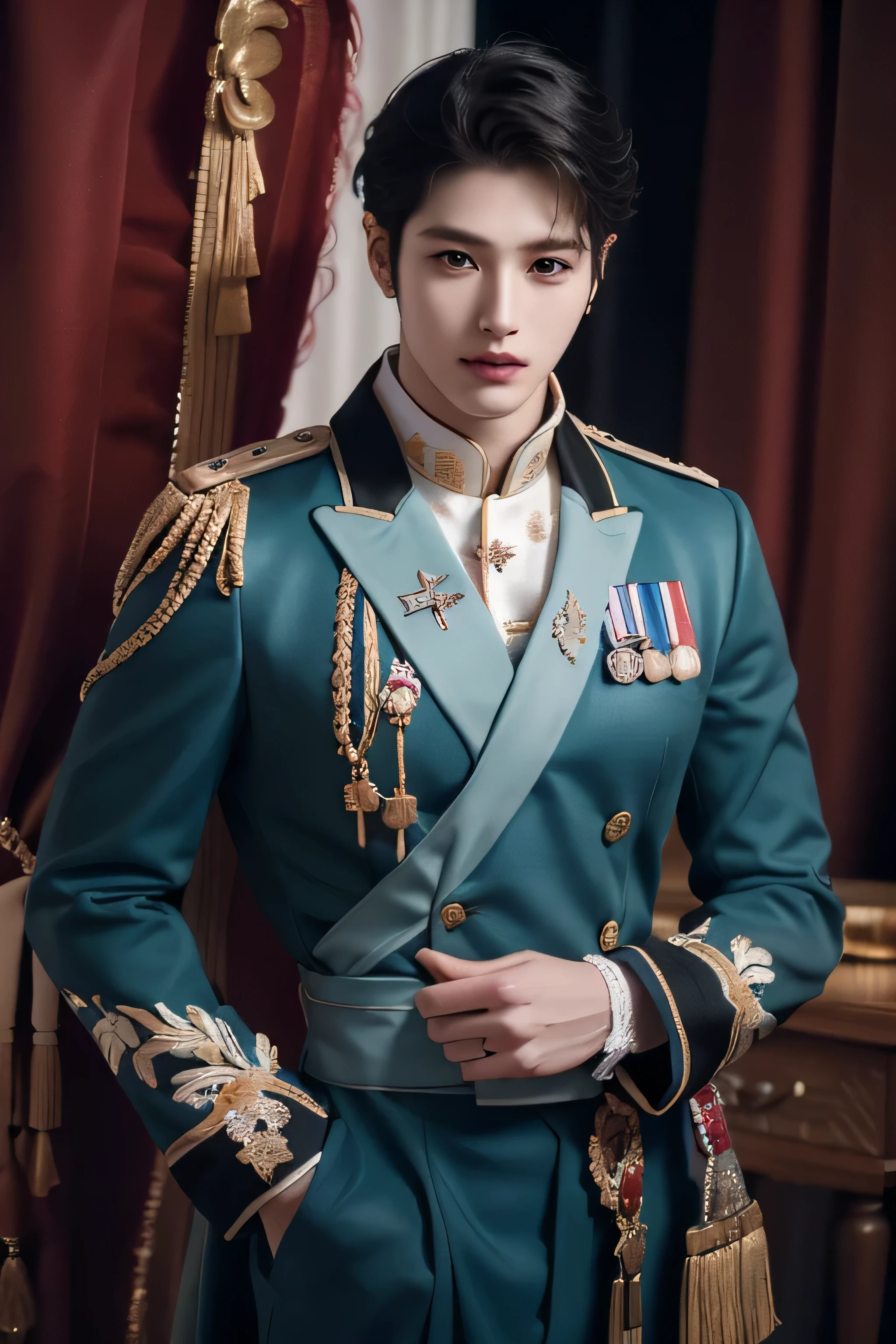 ((highest quality, 8K, masterpiece: 1.3)), ((photorealistic)), Handsome boy in k pop model outfit, ((25-year-old man)), well-groomed face, black hair color, thin face, (white skin:1.5), black eyes, Super handsome, sexy eyes, Extra-fine face, handsome nose, small eyes and face, High resolution, detailed mouth, super slim, ((super popular k pop model)), His military black uniform is tailored to perfection and detailed with fine gold embroidery. he's standing in a fancy ballroom with one hand in the pocket. ((military)), (((black military uniform))), medium wide shot showing his legs