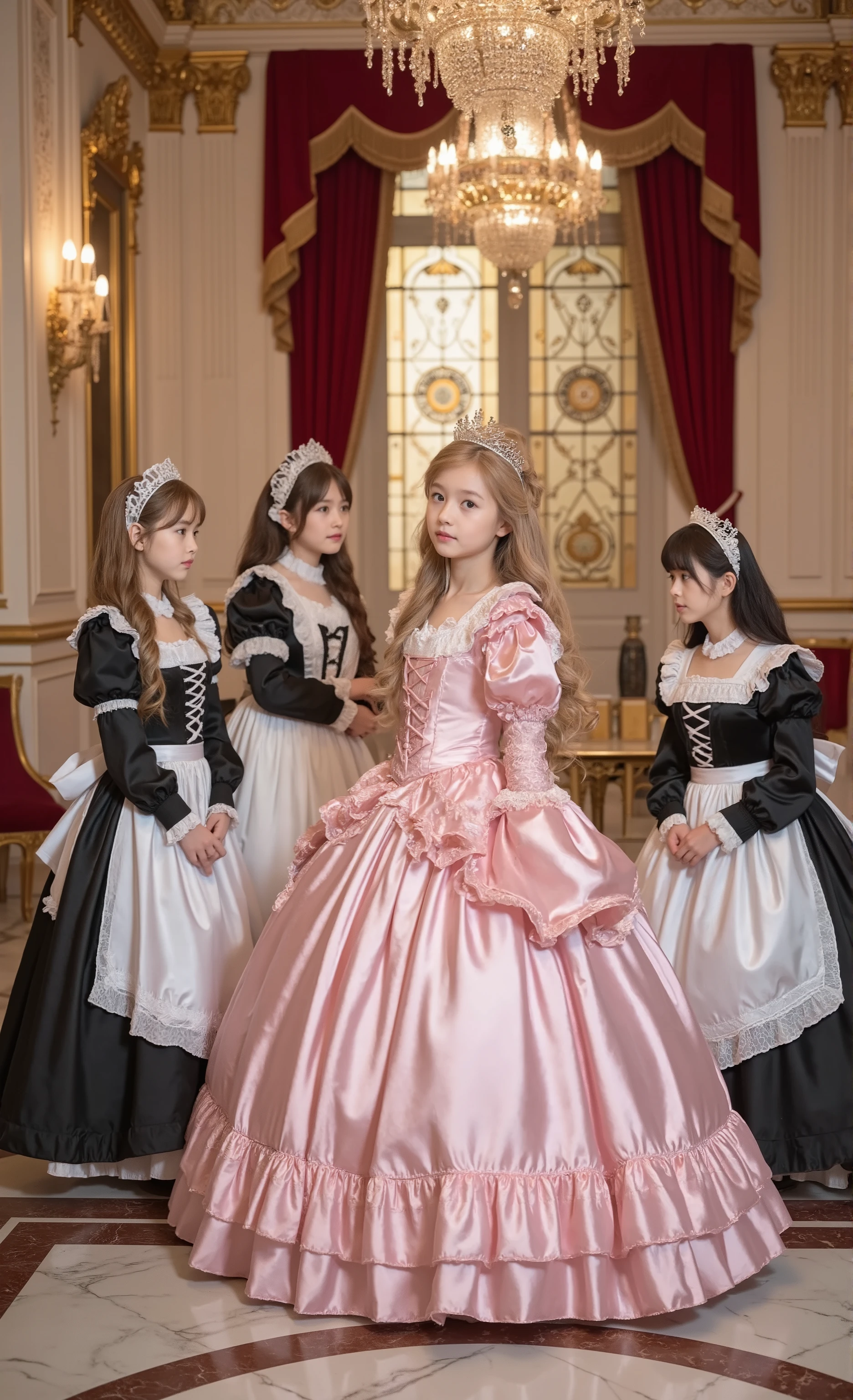 Realistic photo,The grand hall of the luxurious palace, Princess,((ten years old,little girl,short body height:1.4)),Gold Crown , elegant pink silk satin dress,  lace and ruffles in sm's room, Aristocrat Standing, A graceful smile, long blond waves, blue eyes, ((noble expression 4 maids, unified black and white maid clothes,neat white apron, frilled mobcap:1.0)), Polite Behavior, Respectful attitude, different hairstyles and expressions gorgeous marble floors, sparkling chandelier, A Wall Decorated with Gold Leaf, Masking Window, Red Velvet Drapes,Soft Light Through Stained Glass, luxurious furnishings warm interior light, soft focus effect, Cinematic Composition, Elegant Atmosphere, careful depiction down to the smallest detail, realistic texture expression, High resolution like those taken with a Canon EOS R5 Well、Princessの気品と優雅さ、and harmonious relationships with maids。combined with palace luxury、I'm aiming for a fantastic scene that feels like something straight out of a fairy tale。