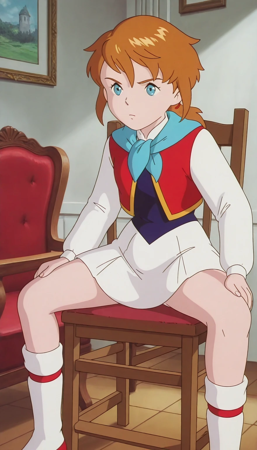 score_9, score_8_up, score_7_up, source_anime, rating_safe, intricate details, anime screencap, official style, <lora:Lyra:1>, lyra, brown eyes, red shirt, long sleeves, white headwear, blue overalls, looking at viewer, indoor, smile, full body, white thighighs, from below, soles, arms at sides, sitting