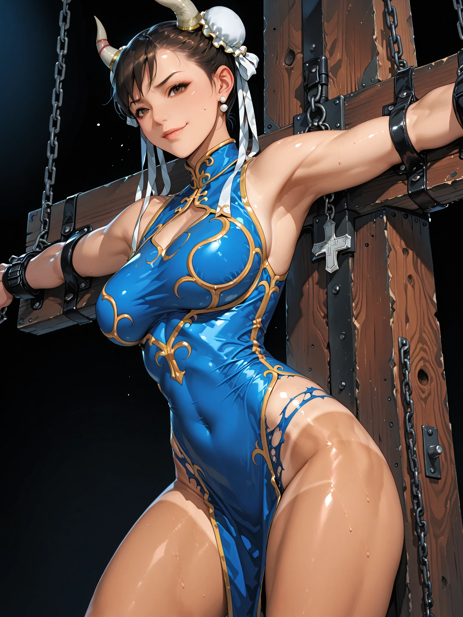 (masterpiece, Premium Quality: 1.2), alone, strong, 1 girl (Asuka Kazama), Brown short hair, Brown eyes, Cruel Mistress Costume, Anxious face, Looking into the camera, In the dark basement, A chilly and creepy cobblestone street, big, (((Wearing a torn, thin outfit))), sexy, white shiny big breasts, big cleavage, Excessive sweating all over the body, blush, Chest dimples, Hands tied with ropes, Leg spread, Spread your legs, Hanging by chains, big, Straight hands, Lifted by chains, bondage, Shackles, Slave Collar, Chain around neck, Dark fantasy, Leg spread, M-shaped Leg spread, Hands tied with ropes, Silver Chain, Leg spread, Spread your legs, Hanging by chains, Being pulled by chains,