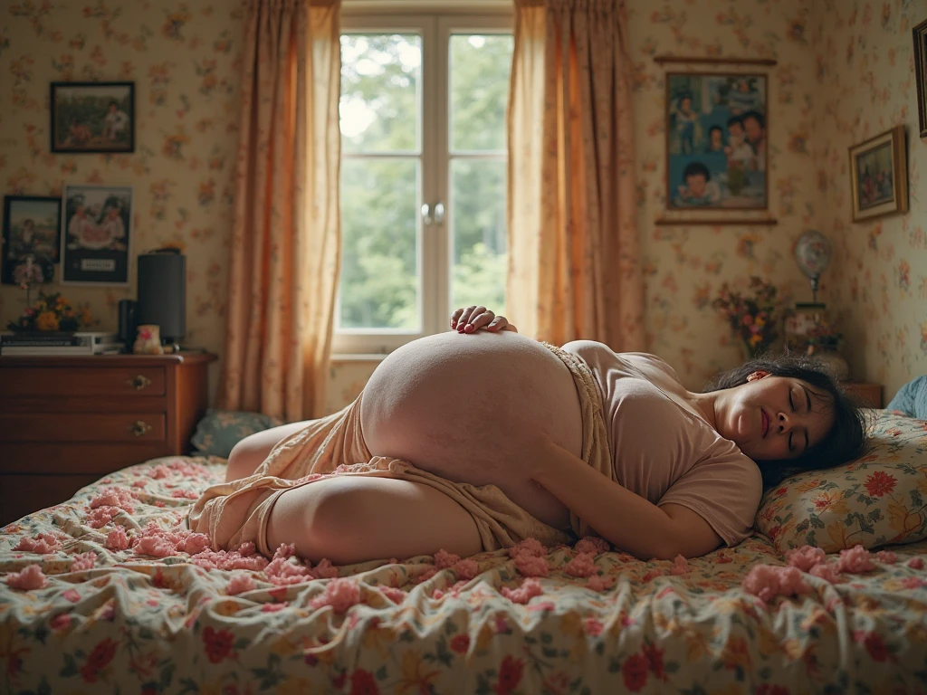 a morbidly obese woman, exaggerated proportions, wearing red dominatrix gear, wearing thigh high boots, laying completely flat on back, laying on a bed, sexy pose, massive ass, massive thighs, massive belly, high detail face, aroused expression, 4k resolution, high definition. 