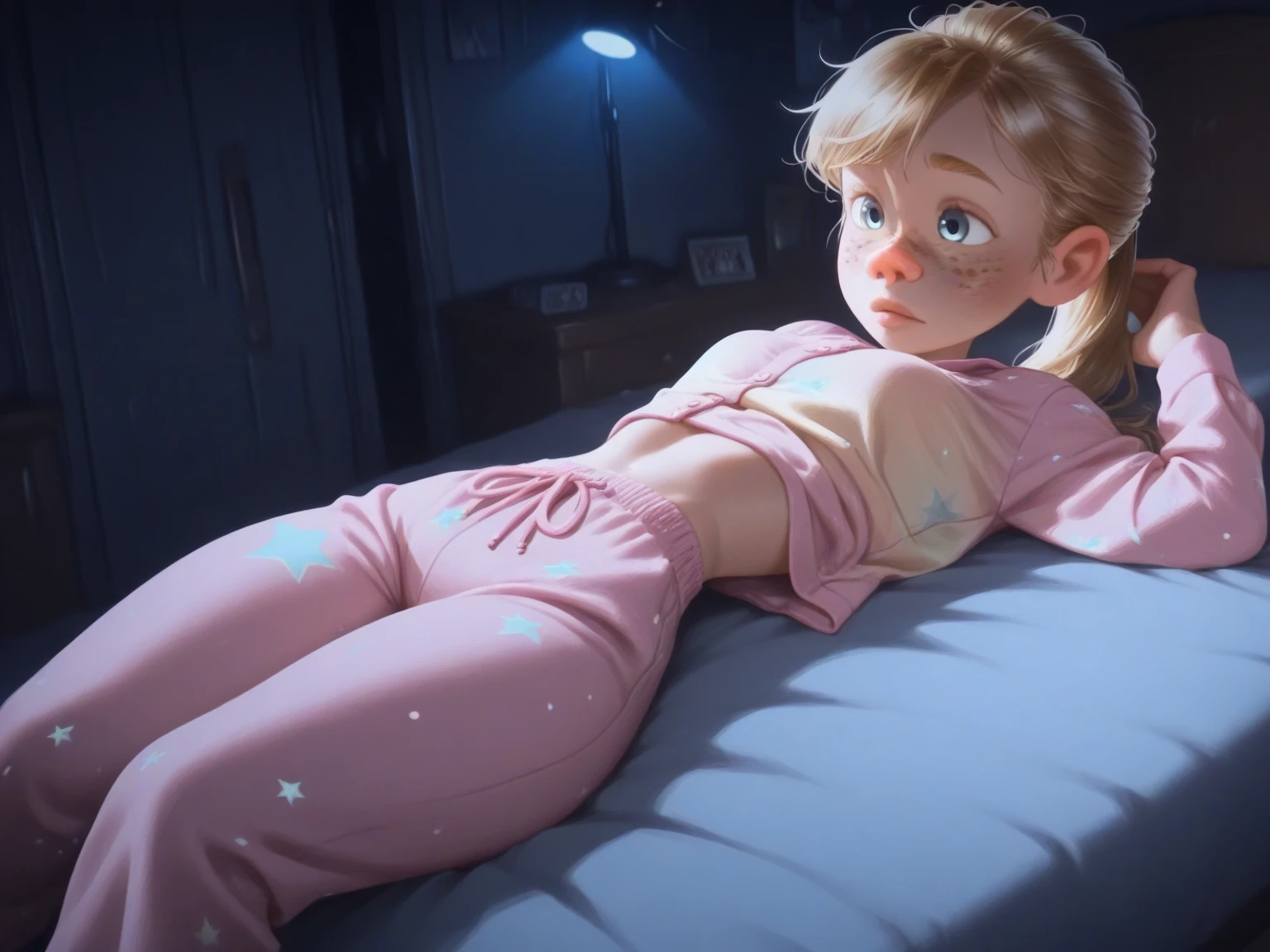 Small breasts,Detailed cute underwear,Detailed underwear,Natural light, masterpiece, Very detailedな,Absurd,Highest quality,Very detailed,Detailed face,Particles of light, Lighting, (Very detailed:1.2),(Detailed face:1.2), (Gradation), software, colorful,(Fine Eyes:1.2),One Anna of Arendelle,Bedroom, noon, Princess of Arendelle,Fullback panties,Half cup bra,See-through light blue underwear, (Spread your legs,),Lying on your back,View your viewers,Photo taken from directly above,19 years old,Detailed underwear