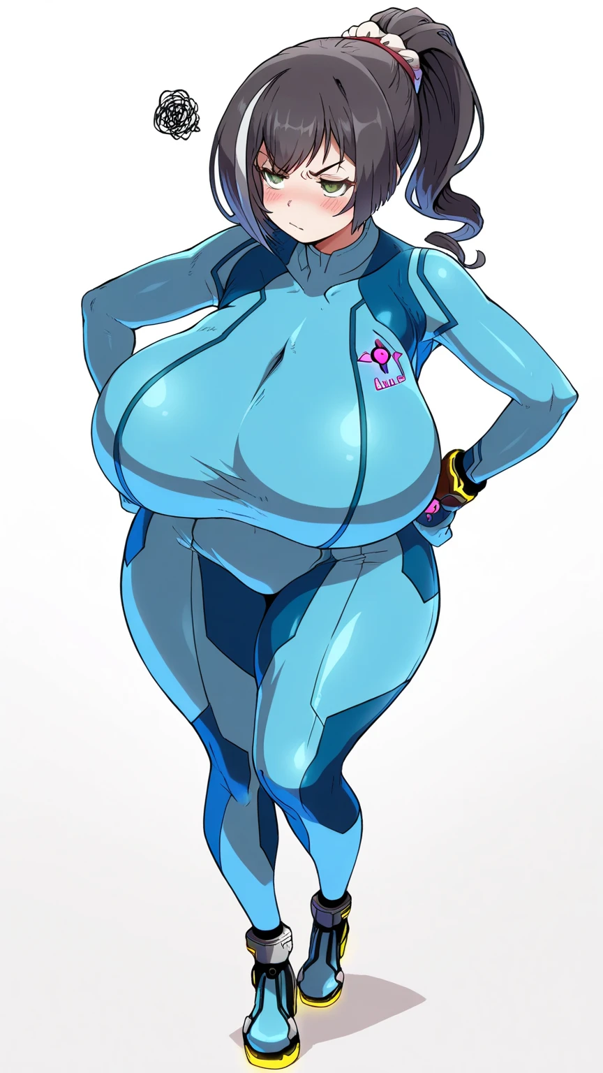 A MILF、ultra gigantic tits、Hyper breasts, Cow Cosplay、Super huge breasts, small waist, tall, tall woman, anime art, red skin tight suit, breast oversized, breasts overflowing, pink areola, tall and wide