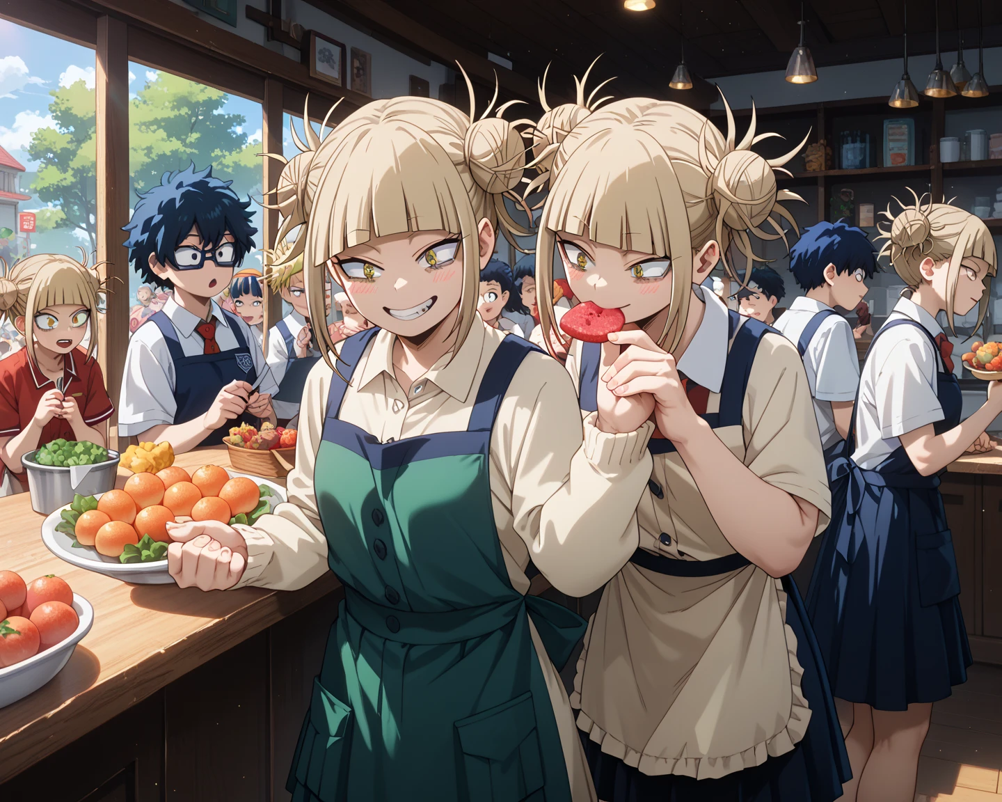 ((((Super Breasts))))、long hair, breasts, looking at viewer, blush, smile, bangs, skirt, large breasts, shirt, hair ornament, long sleeves, bow, cleavage, twintails, sitting, closed mouth, underwear, purple eyes, white shirt, pink hair, ahoge, pantyhose, pleated skirt, food, glasses, hairclip, collared shirt, indoors, bowtie, hair bun, nail polish, Good, see-through, black pantyhose, double bun, chair, table, pink nails, plate, cake, thighband pantyhose, purple skirt, pancakebreasts, bangs, multiple girls, blonde hair, large breasts, thighhighs, 1boy, 2girls, ponytail, Goodid, white hair, hetero, censored, multiple boys, 2boys, mosaic censoring, black bow, tattoo, grabbing, crown, french Goodid, lactation