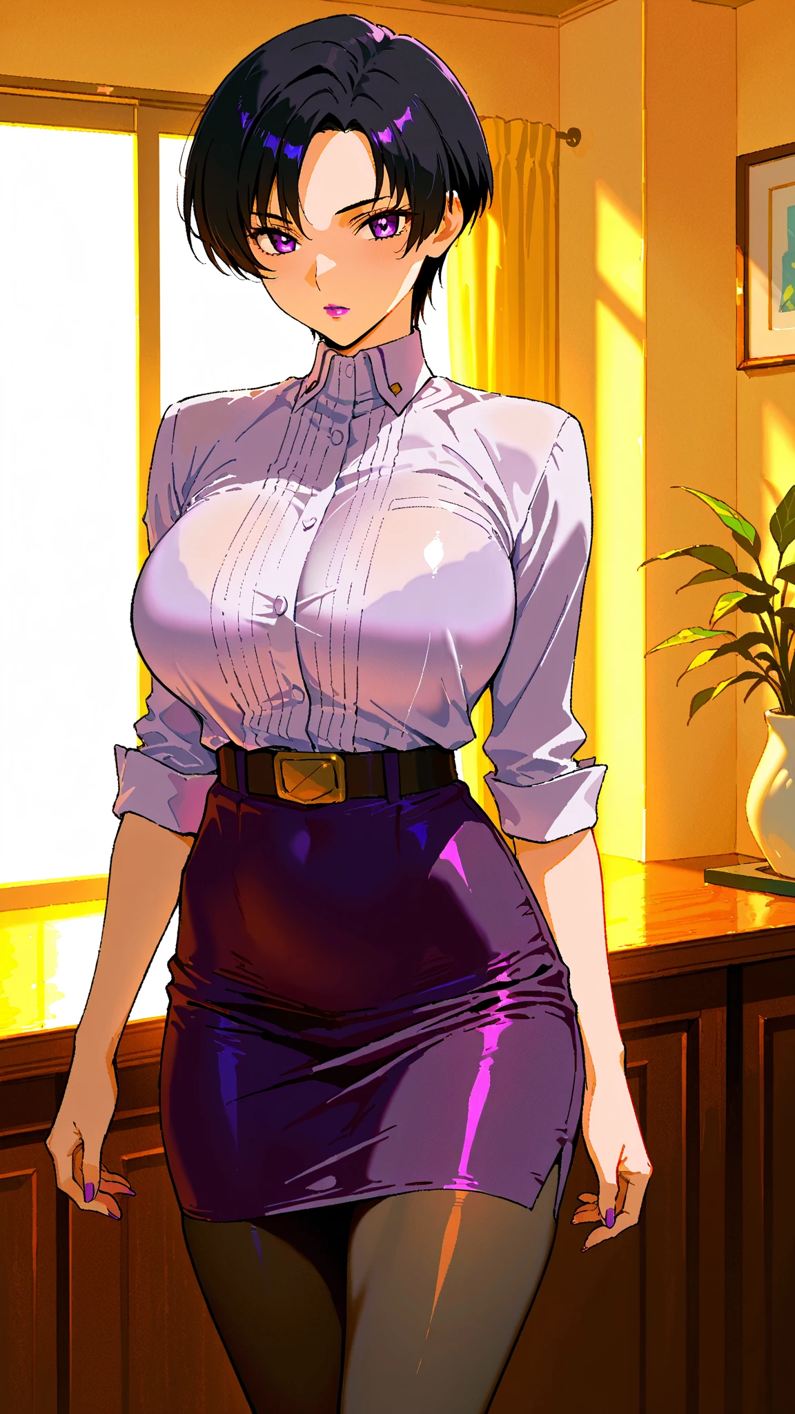 （（super high quality,））（（Ultra-high resolution,））（16K,）（super masterpiece,）（（Ultra HD ,））（Detailed shading,）One sexy woman,Brown short hair bouncing out,popped Tight collar Yellow shirts,Long sleeve,Cleavage,Black tight skirt,Crescent-shaped earrings,Crescent Necklace,Ecstatic smile,blush,Lean forward diagonally,Entrance at night,