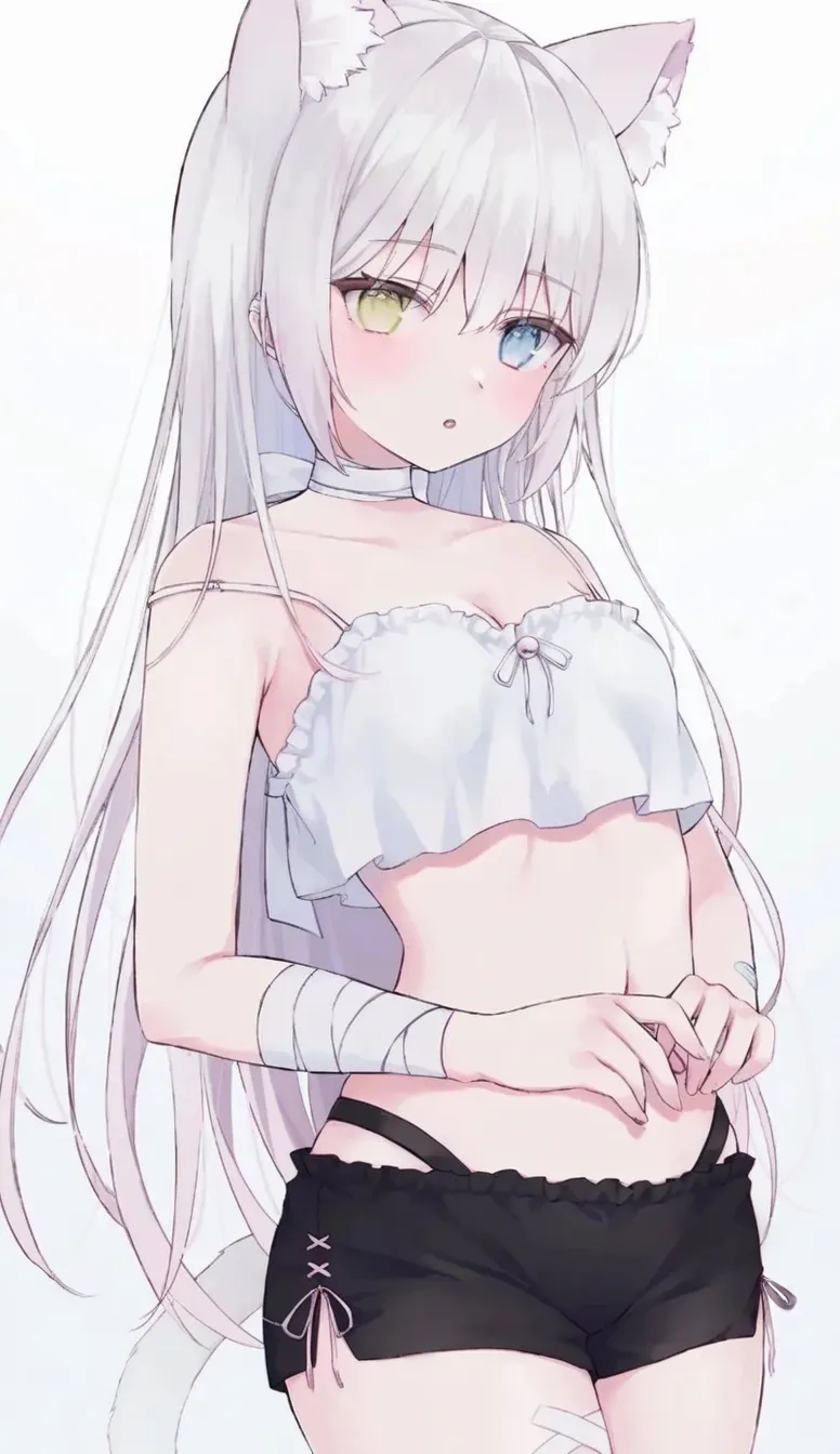 1girl in、Underwear、cute little、Upper body portrait、white hair、cat ear、