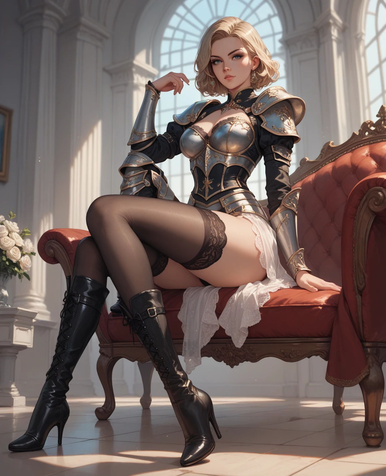 8K,Masterpiece,(female knight),whole body,Separate Steampunk Armor,Slender figure,Long Hair,Realistic, Sci-fi fantasy,female game character,Cleavage,(White panties),front,Pose to sit on a high-class chair with a backrest