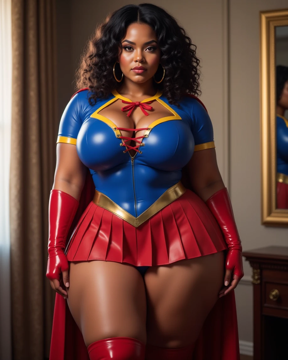 (melhor qualidade,4k,8k,alta resolução,masutepiece:1.2), (mulher negra madura, Ebony Ball, BBW MILF, 40anos), cintura fina, (bunda enorme, Sagging Tits: 1,9),  cabelo afro, (red hair), Footfall , ( WONDER WOMAN Costume), sexy, sensual, hot, sorridente, (Sagging Tits: 1,9), decotes, bunda enormes. (do lado), (perfect hands)