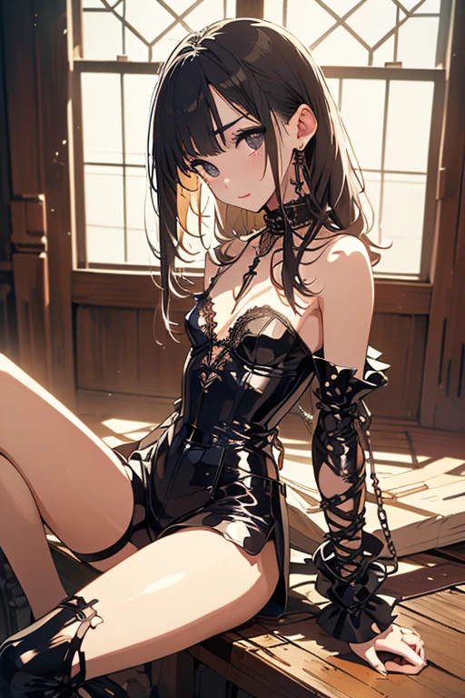 highest quality、All limbs、full finger、one beautiful woman、beautiful big breasts、(((A woman wearing a torn school swimsuit、A woman wearing torn brown pantyhose)))、(((torture、women in prison、women are detained、woman stretches her arms upward、woman hanged with chains、Feet not touching the ground、The woman's right arm is chained、pulled to the top right、The woman's left arm is chained、pulled to the top left、The woman's right leg is chained、pulled to the bottom right、The woman's left leg is chained、pulled to the bottom left)))、(((a woman is crying、numerous cuts on a woman's body,、There are many bruises on the woman's body,)))