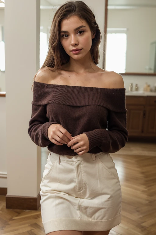 (Best Quality)), ((Masterpiece)), (detailed), 1 girl, off shoulder sweater, Brown leather, light eyes, broad