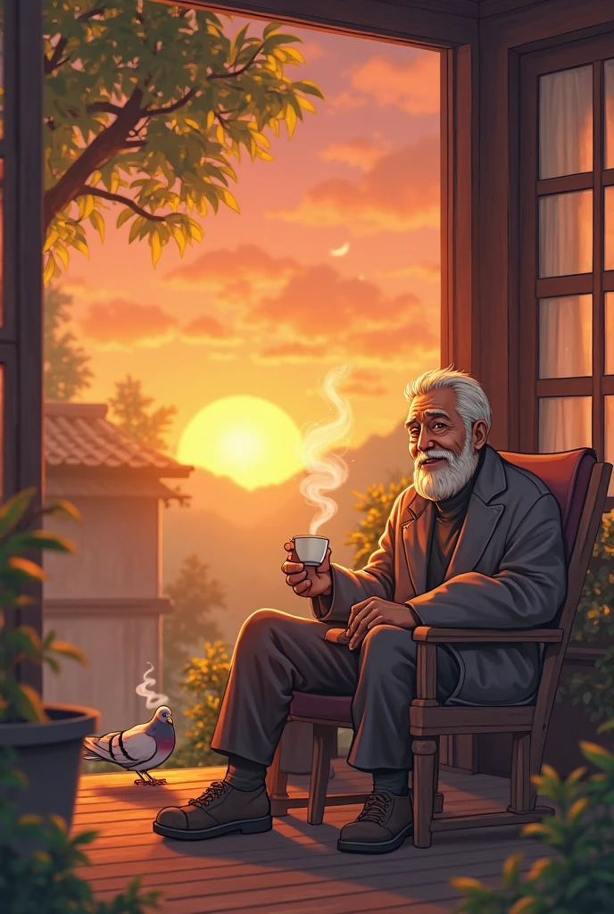 Sunset in the background, a handsome old man is relaxing and smoking a cigarette