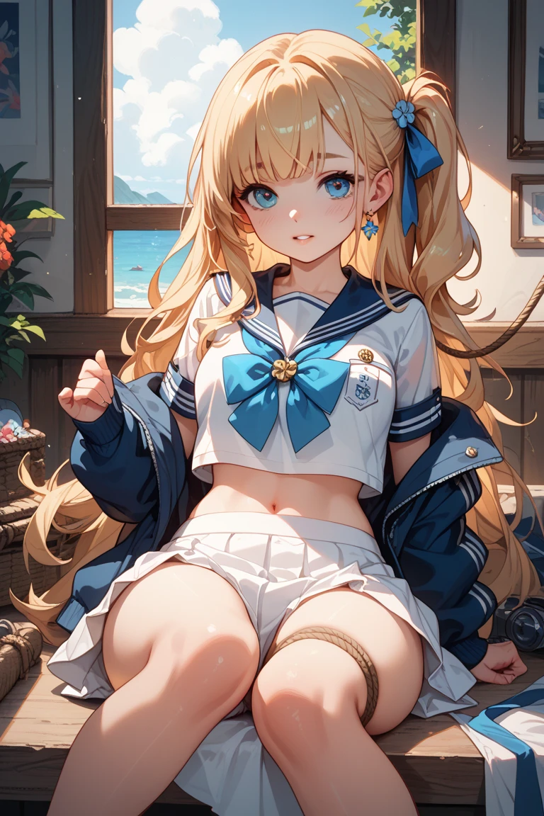 (highest quality:1.1), (masterpiece:1.4), (absurd:1.0), Portrait, Close-up,
1, sailor Marie rose, right blonde hair, Nsfw,, big and full breasts, aqua eye, blonde hair, sailor warrior uniform, sailor collar, chest bow, yellow ribbon, charming skirt, white elbow gloves, by the pool, (blush:1.2), looking at the viewer, erect nipples、show off panties、super mini skirt、dynamic pose、(Downから見る:1.2)、camel toe.between legs、belly button、spread your legs.NSFW、Down