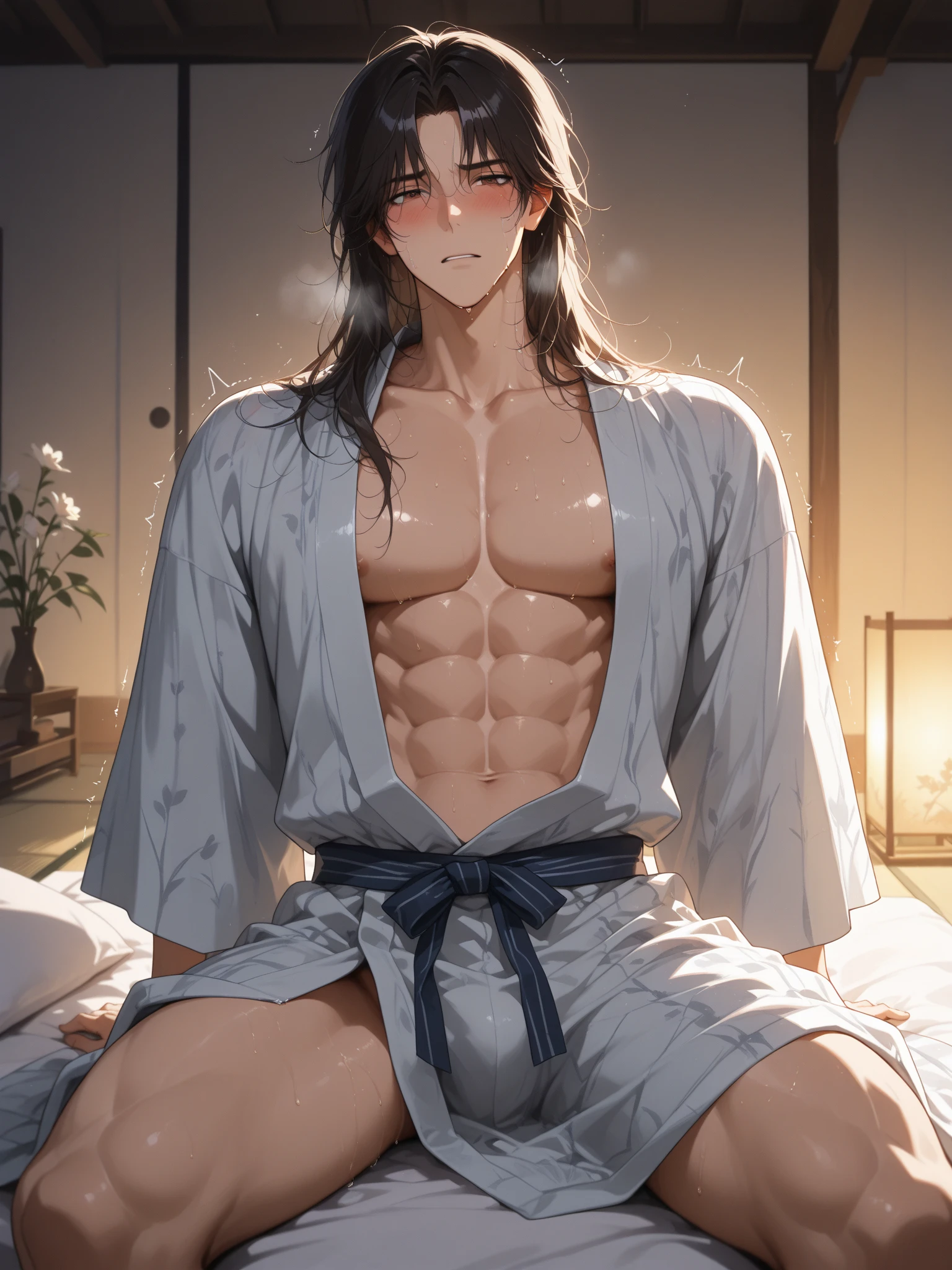 high quality, Realistic, 28 years old japanese kimono wife, detailed eyes, black long hair, (abs:1.5) shiny skin,(spread legs),(horny face),