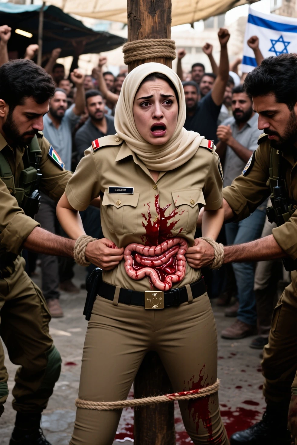 A man beating a pale skin kurdish woman in hijab nude shoulder nude arm breasts in village room angry raged  slap 