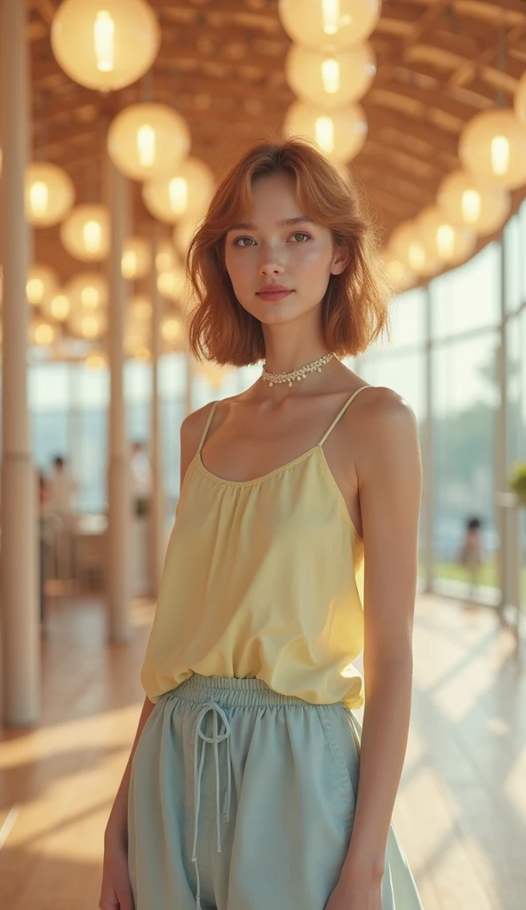 Bright, strawberry blonde, with freckles. 30 years old, full lips, green eyes. The sun, the autumn forest, fantastic beauty. Curls. Wearing yellow shorts and top. Ultra-detailed dream photography, 8K resolution image, translucent and ethereal. full body movement