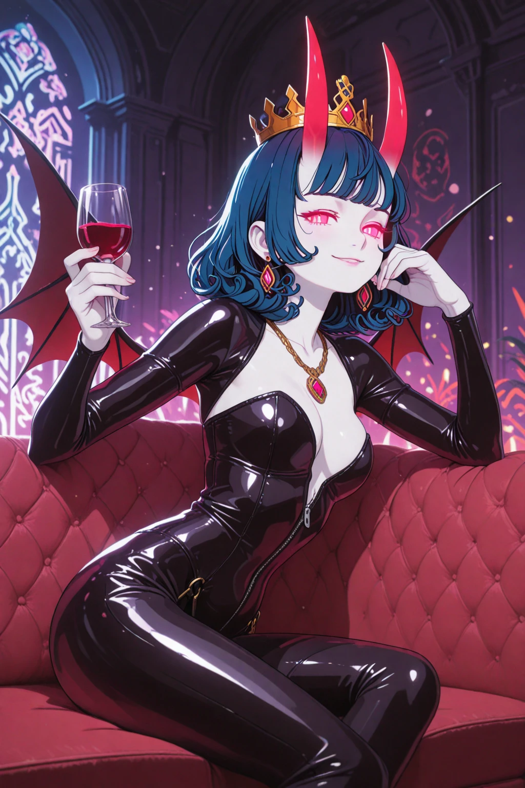(masterpiece: 1.2, best quality), (1 loli, solo), small breasts, (Dynamic posture), (bright skin, crimson red skin), crimson red skin, demon girl, red skin, thin and lacy gloves, ( small demonic horns:1.1), (Lilith \(Darkstalkers\)), (heaven), fringe, (jewelry, golden ornament:1.15 ), large pelvis, blue (pantyhose:1.1)