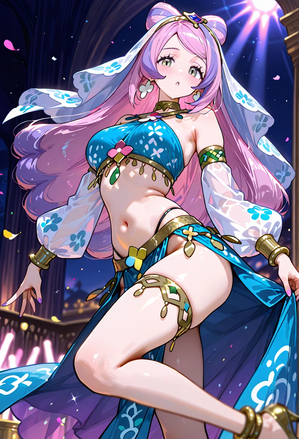 shikimori, medium breast, slim legs, blue gown, navel, skirt, standing, beautiful eyes, blue eyes, happy, arabian belly dancer, stage, thigh high socks