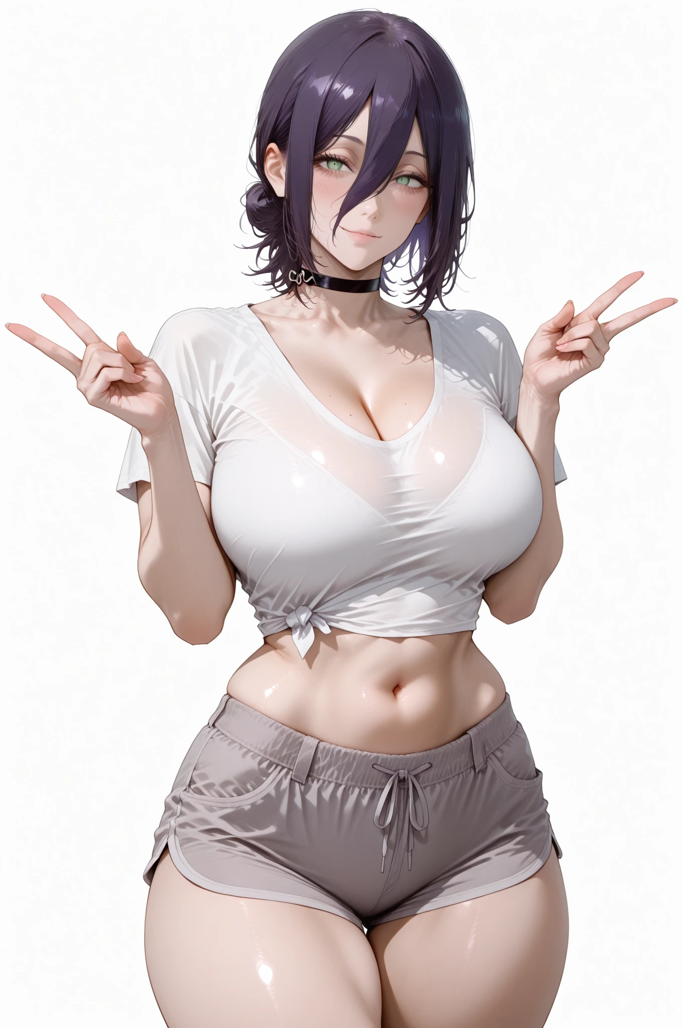 ((((masterpiece, best quality, high resolution)))), Extremely detailed 8K, Beautiful girl with voluptuous body, (Ultra HD, Ultra-detailed, Highly detailed, Highly realistic, Ultra-realistic, photograph realistic), (1girl:1.5), (Realistic black hair), (long silky hair, hair ornaments, earrings), (dynamic poses), facing at camera, looking at viewer, (blushing red, embarrassed, exhausted, smile), (violet eyes, sharp eyes), (big perky breasts:1.2), (wide hips:1.2), (beautiful detailed face, beautiful detailed eyes), ((white translucent crop t-shirt, panties)), (detail pussy), (standing up), sweat, glow, (sunbeam, sunlight), ((cowboy shot)), beach, seductive, glistening sweat
