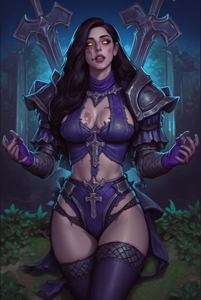 (masterpiece, top quality, best quality, official art, beautiful and aesthetic:1.2), (1girl:1.3), ((long black hair)), (((pale purple skin, pale blue skin, blue skin, purple skin))), extremely detailed, portrait, looking at viewer, solo, (full body:0.6), detailed background, close up, (cold night mountain theme:1.1), dark elf war dancer, charlatan, smirk, mysterious, swaying in mountains, skimpy attire, revealing gladiatrix costume, gold bikini, circlet, cowl, metal bikini, long boots, dual knives, violet fabric, black leather, ((((gigantic breasts, cleavage, skindentation)))), slim waist, slim hips, long legs, medieval (mountain exterior:1.1) background, dark mysterious lighting, shadows, magical atmosphere, dutch angle
