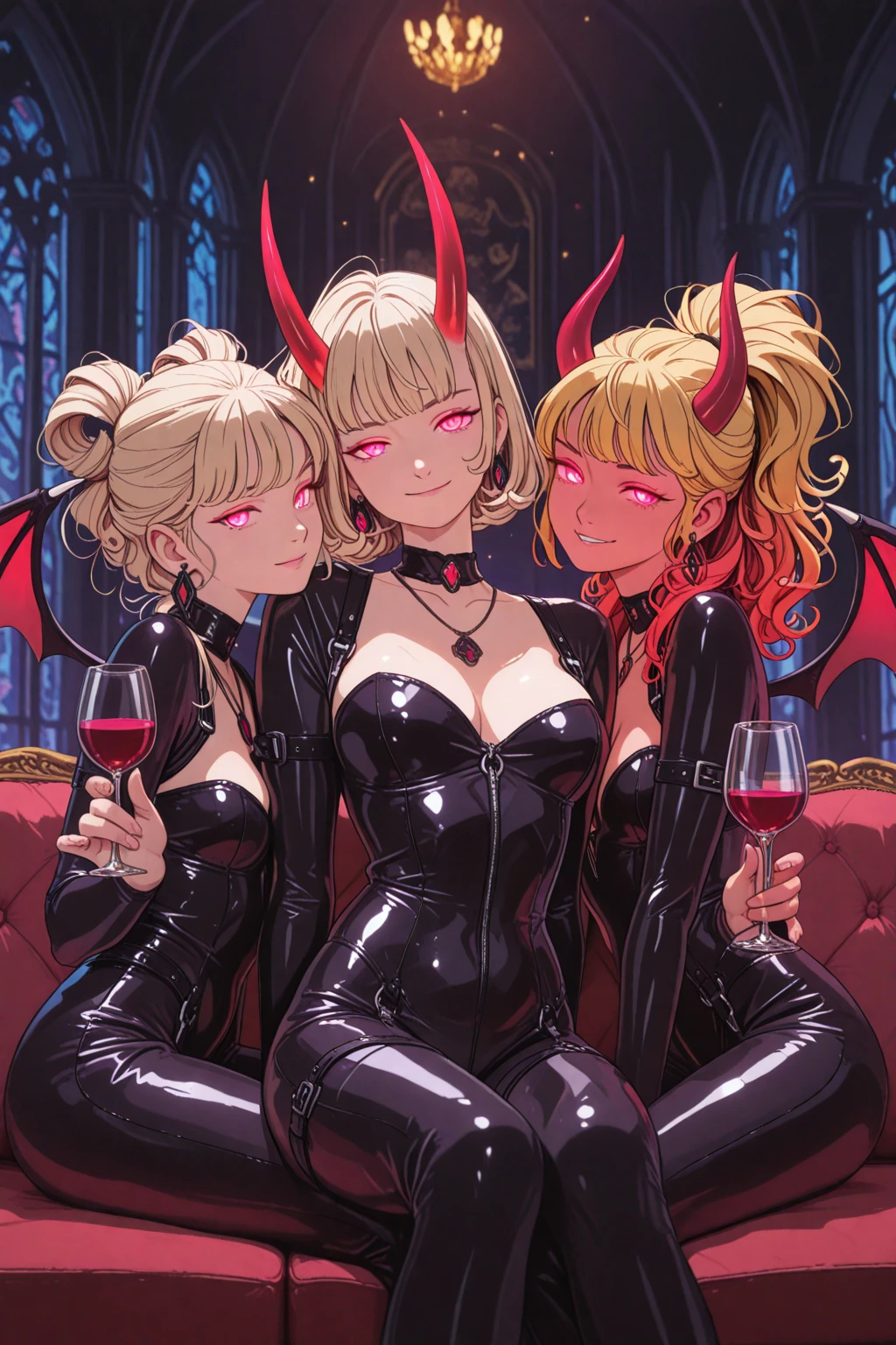 seductively posing, collar, Athletic body, wet pussy, curvy, big breasts, small breasts, latex, pink-red eyes, platinum blonde hair, long hair, flushed face, evil smile, tight, ass, pantyshot, looking back, cock buldge under clothes, naked breasts, devil horns, devil tail, devil wings