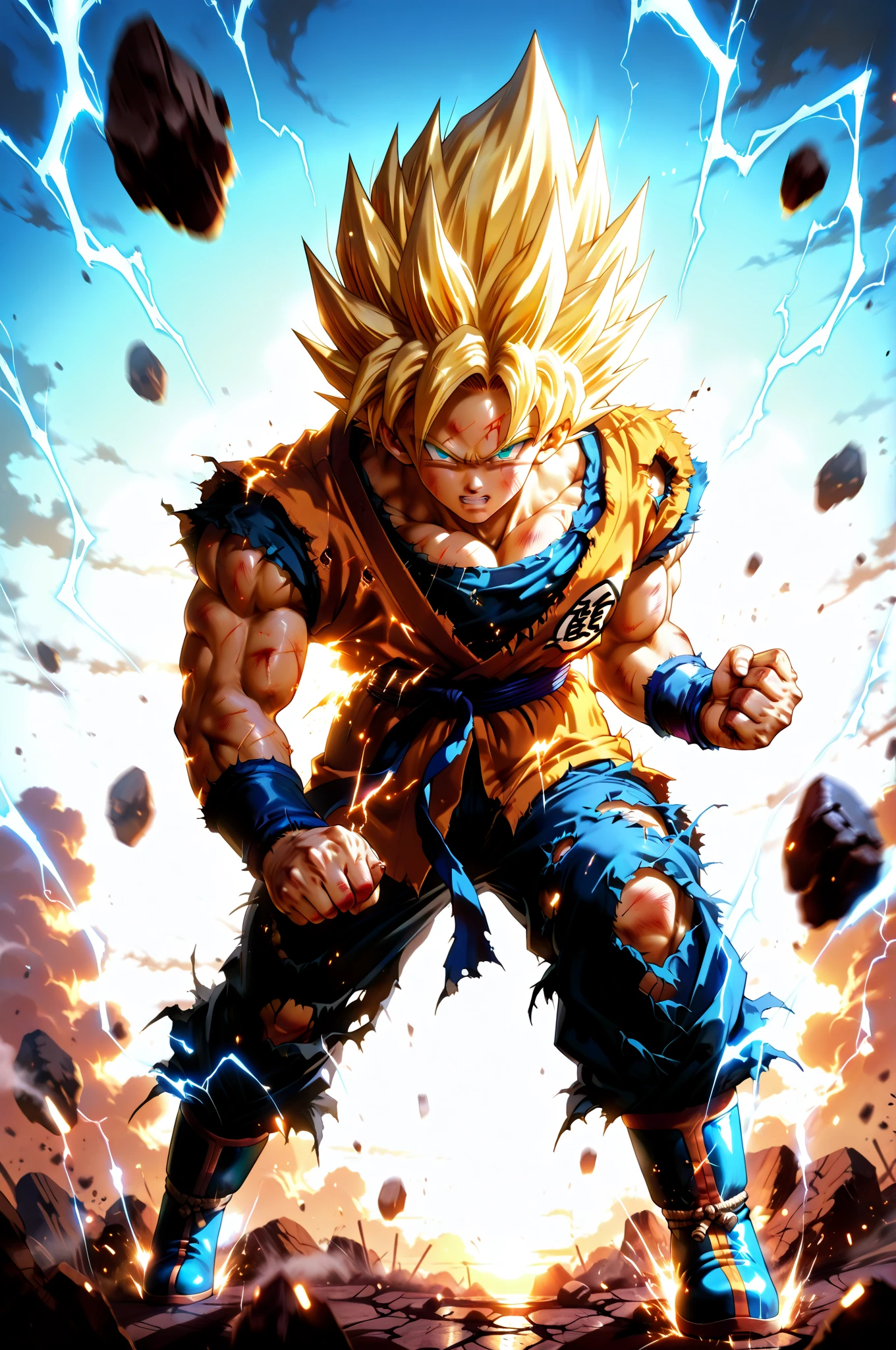 Super Saiyan Goku unleashes a massive energy wave while standing on top of a mountain, the surroundings are filled with lush greenery, and the sky is a mix of orange and purple hues. (Orange smoke energy emanates from Goku's entire body). The energy wave is bright blue with electric sparks around it. (anime:1.2), (dramatic lighting:1.1), (vibrant colors:1.3), (cell-shaded:1.1), (dynamic composition:1.2)