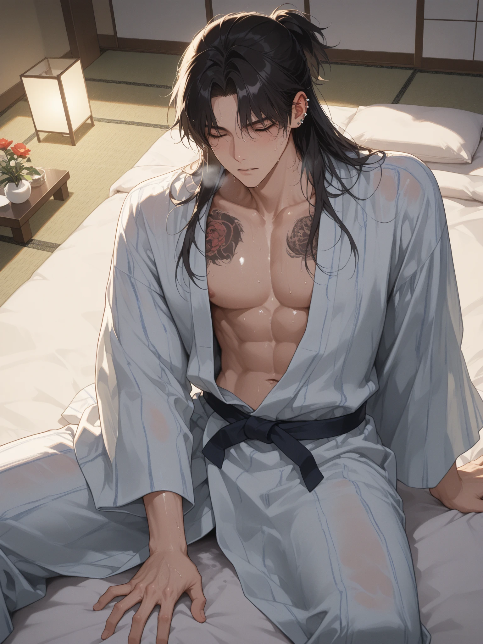 anime handsome man, black hair ponytail hairstyle, white silk robe, lying on the bed