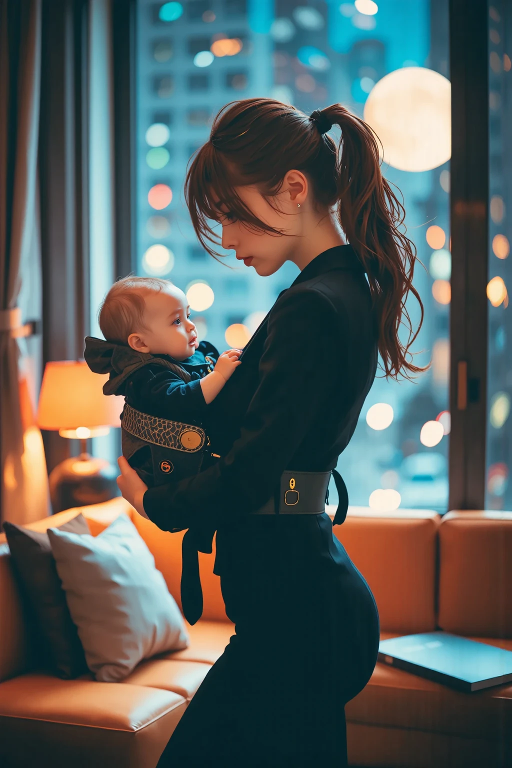 little boy dressed in a animal costume and is sitting on his mom's lap, 1littleboy, mom is seen wearing bedtime shorts, bedroom, night time, beautiful stars, blushed cheeks, brown hair, adorable, cute, wholesome, sleeping, one night lamp emitting light, soft lights, photo realistic, ultra detailed, 1mom, 1boy, 1child, 1kid, (best quality, masterpiece,)