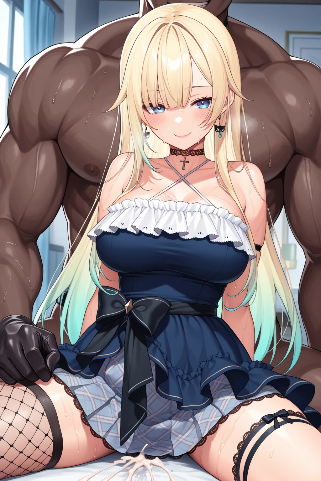 sensual、((blonde wavy hair))、thick thighs、8k、4k、highest quality、(High resolution:1.6)、cute anime face、noise reduction、((shining blue eyes、Sweat、blush、open your mouth))、(NSFW:1.5)、(vaginal sex:1.7)、(A man and a woman are having sex facing each other:1.2)、(((SFW huge body)))、(one man:1.3)、(Missionary position with legs extended:1.5)、(Lower Lady:1.3)、(Man's On:1.5)、(logic:1.3)
