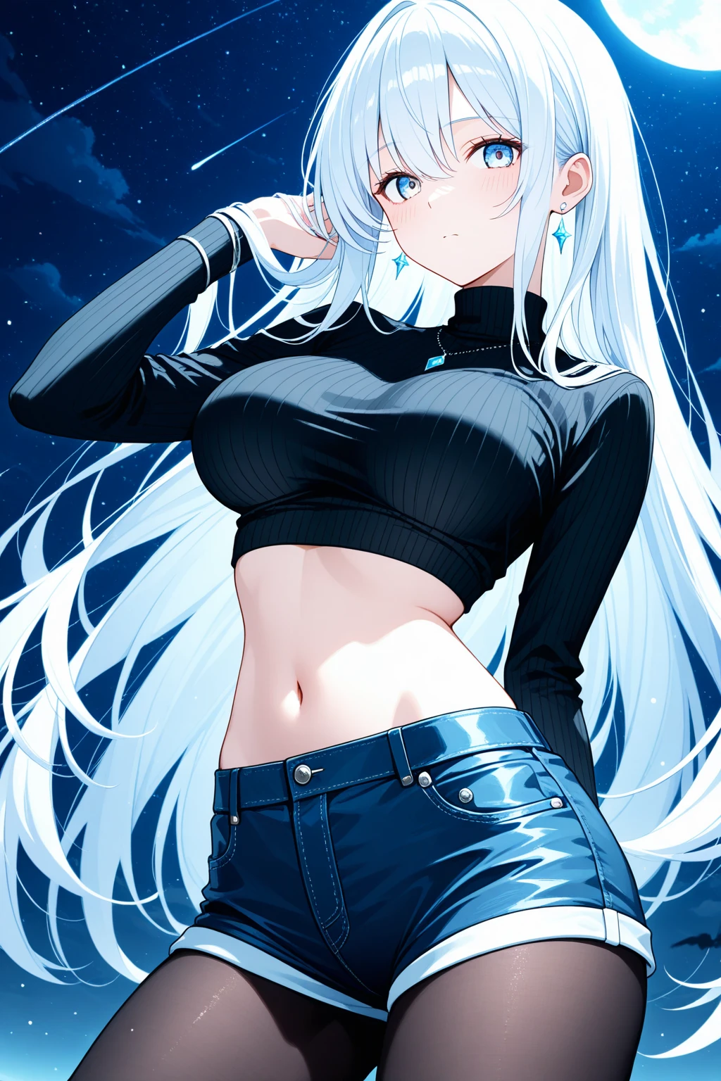 1 girl, longos cabelos brancos prateados com azul safira no final de cada mecha, olhos azuis de safira, alto, gorgeous, Beautiful, peituda, coxas grossas, seios grandes, maduro, colina nevada, clear blue sky, vestindo uma jaqueta azul de inverno com capuz fofo, jeans preto, Olhando para o Viewer, sorrindo calorosamente, clothes are not revealing