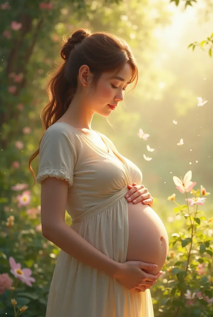 pregnant woman in a white dress standing in front of a large flower, digital art inspired by Anne Geddes, trending on cg society, digital art, maternal photography 4 k, pregnant belly, pregnant, maternity feeling, pregnancy, full body pose, lotus floral crown girl, flower goddess, standing gracefully upon a lotus, ad image, lady with glowing flowers dress