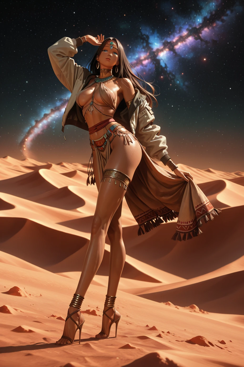 a mummy girl crawling amidst dunes and desert beneath full moon light, her long dark hair flowing behind, masterpiece, best quality, perfect lighting, (analog style), <lora:StainedGlassAI:1> stainedglassai