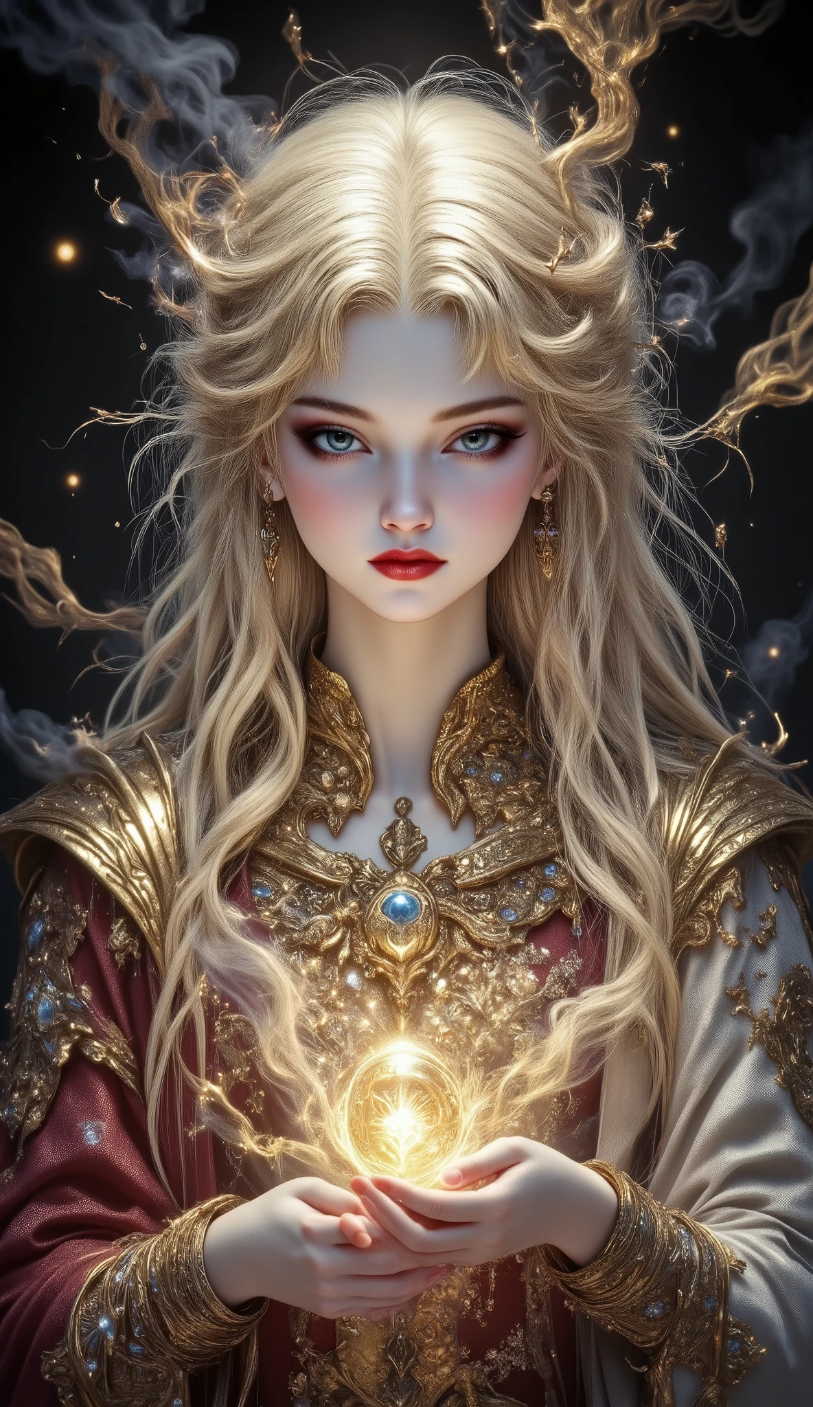 1girl, Frasetta's style of painting, A smoke crystal sealed with Dream Demon is placed on the palm of a very young saint, Saints have huge battle damage, detailed portrait of a young female saint, beautiful and serene expression, holding a glowing crystal in her palm, ornate medieval-style clothing, intricate textures, dramatic lighting, atmospheric dark fantasy background, cinematic camera angle, masterpiece, 8K, HDR, physically-based rendering, vivid colors, dramatic chiaroscuro