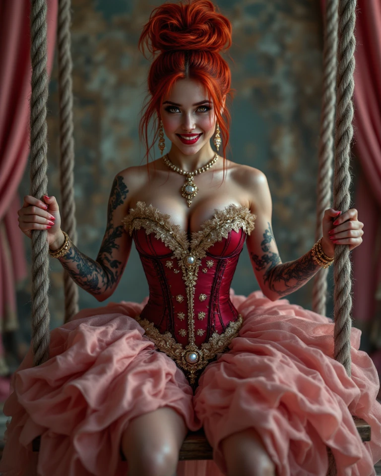 A European girl with vibrant ginger hair and grey eyes, playfully sticking out her long tongue. She wears a stunning red dress adorned with intricate Chinese patterns, featuring a red corset and crinoline. Her long, curly hair cascades volumetrically, while she squats gracefully, holding her skirt. The scene is ultra-realistic, highlighting her long legs and wide hips, complemented by red toe socks.